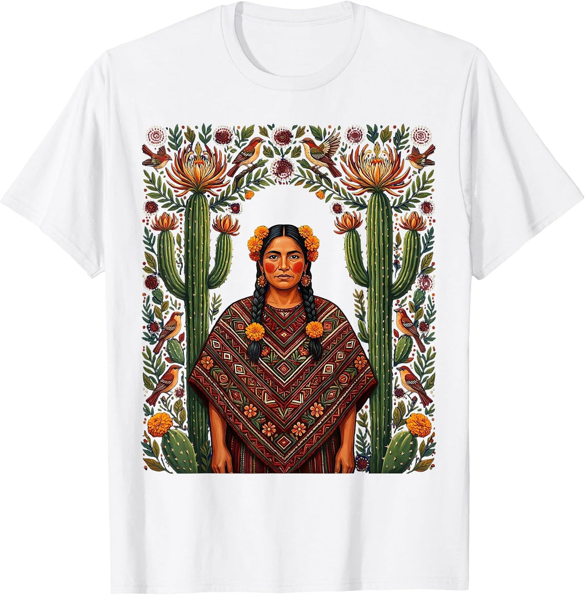 Men's Mexican Woman in Quechquemitl Cactus Bloom Art T-Shirt - White