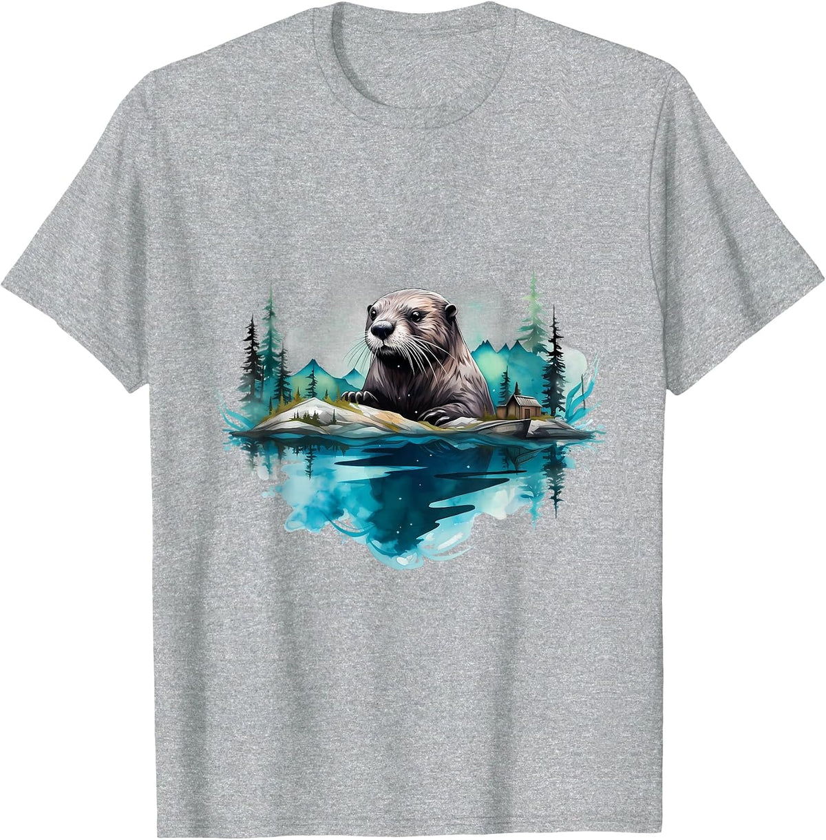 Otter Landscape Wildlife Nature Forest Artwork Motif T-Shirt - Heather Grey
