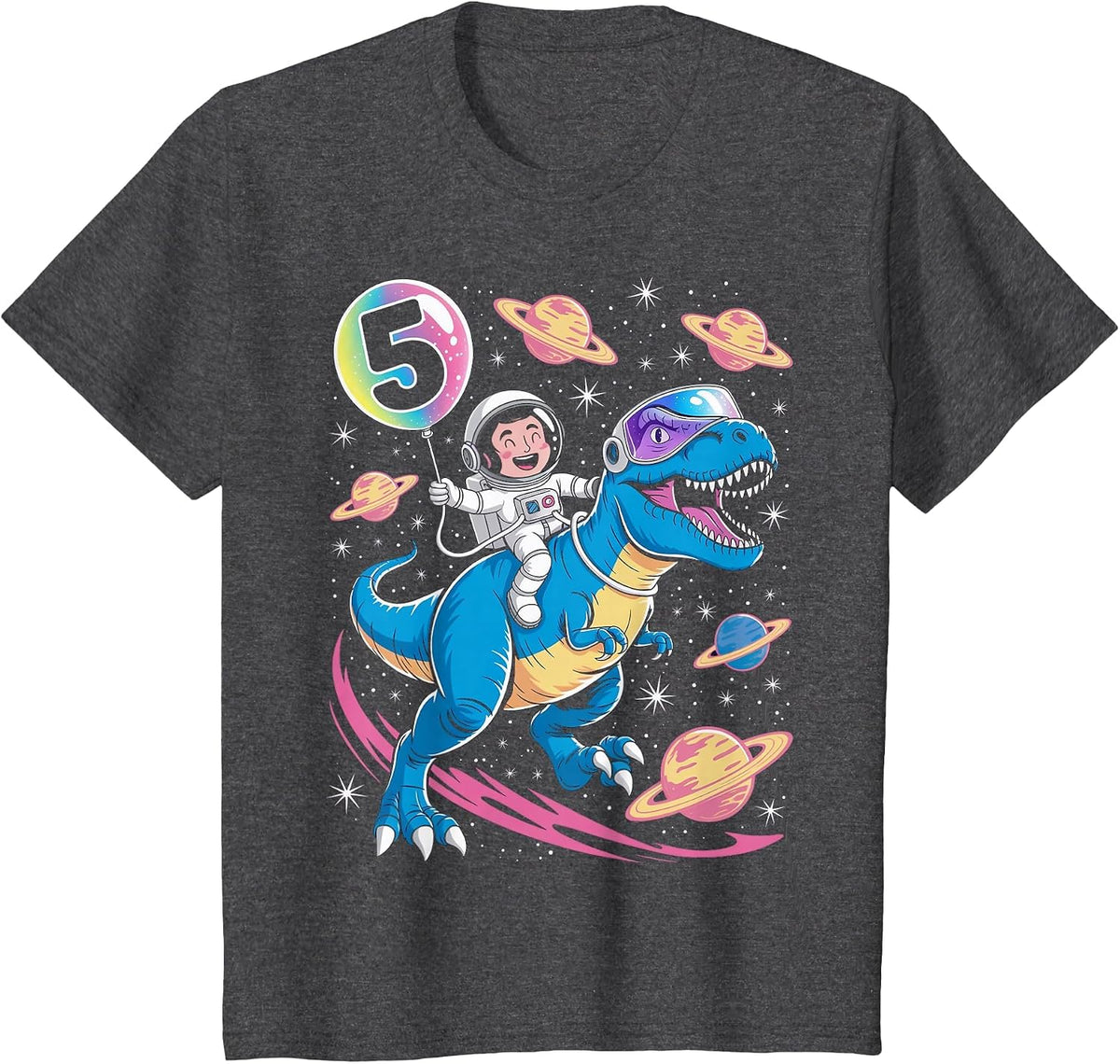 Astronaut Trex Dinosaur 5 Years Old Space Kids 5th Birthday T-Shirt - Dark Heather Grey