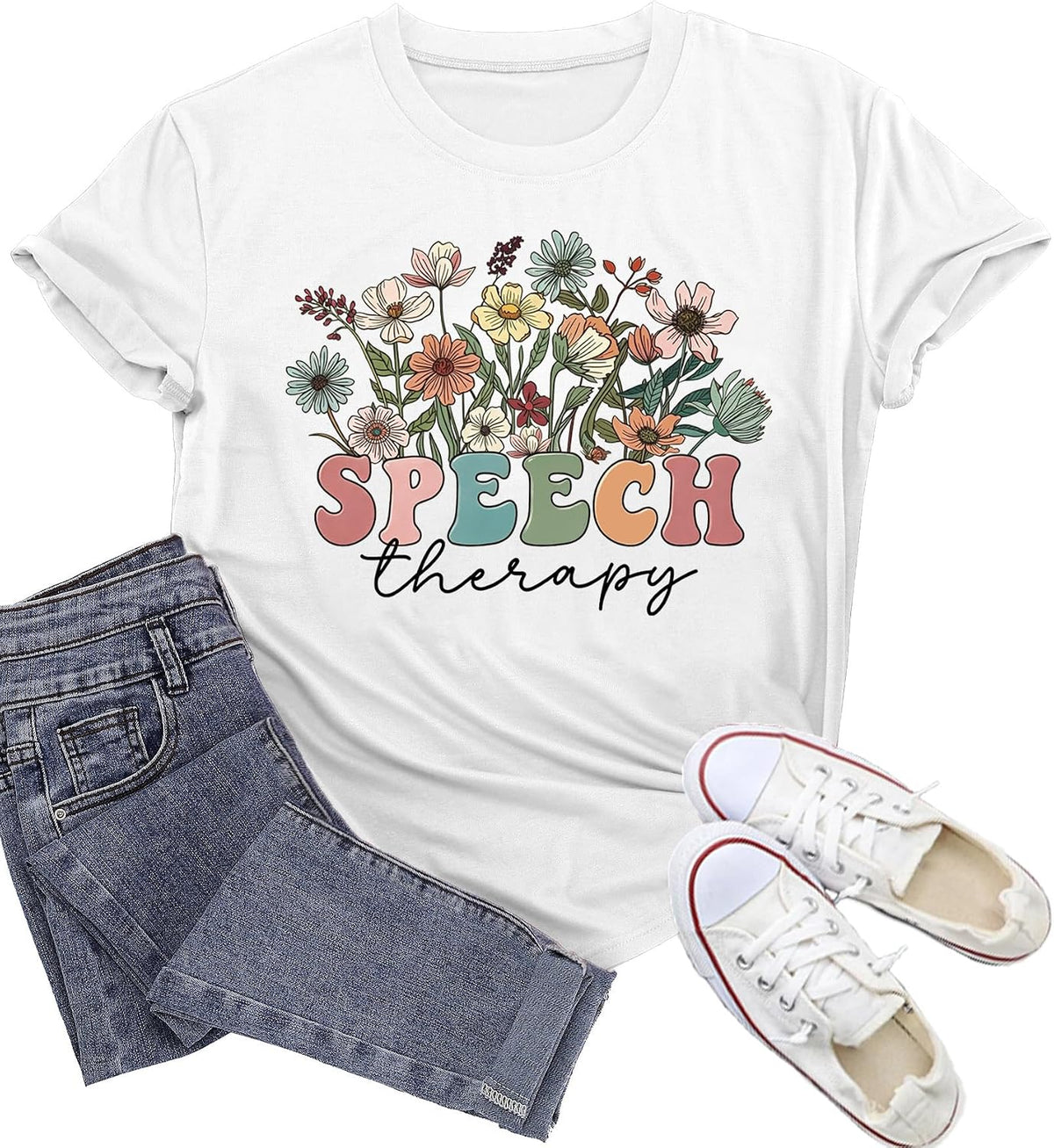 Womens Speech Therapy Shirt Speech Language Pathologist T-Shirts Floral SLP Professionals Tee Tops - White