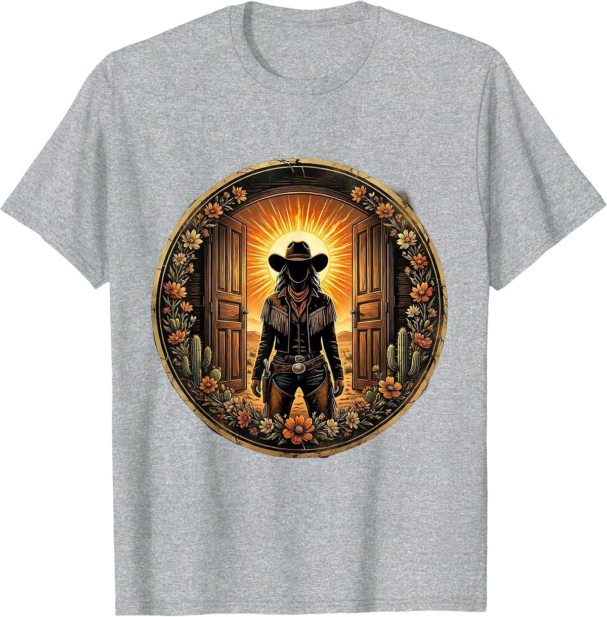 Men's Cowgirl Saloon Doorway Western Noon Illustration T-Shirt - Heather Grey