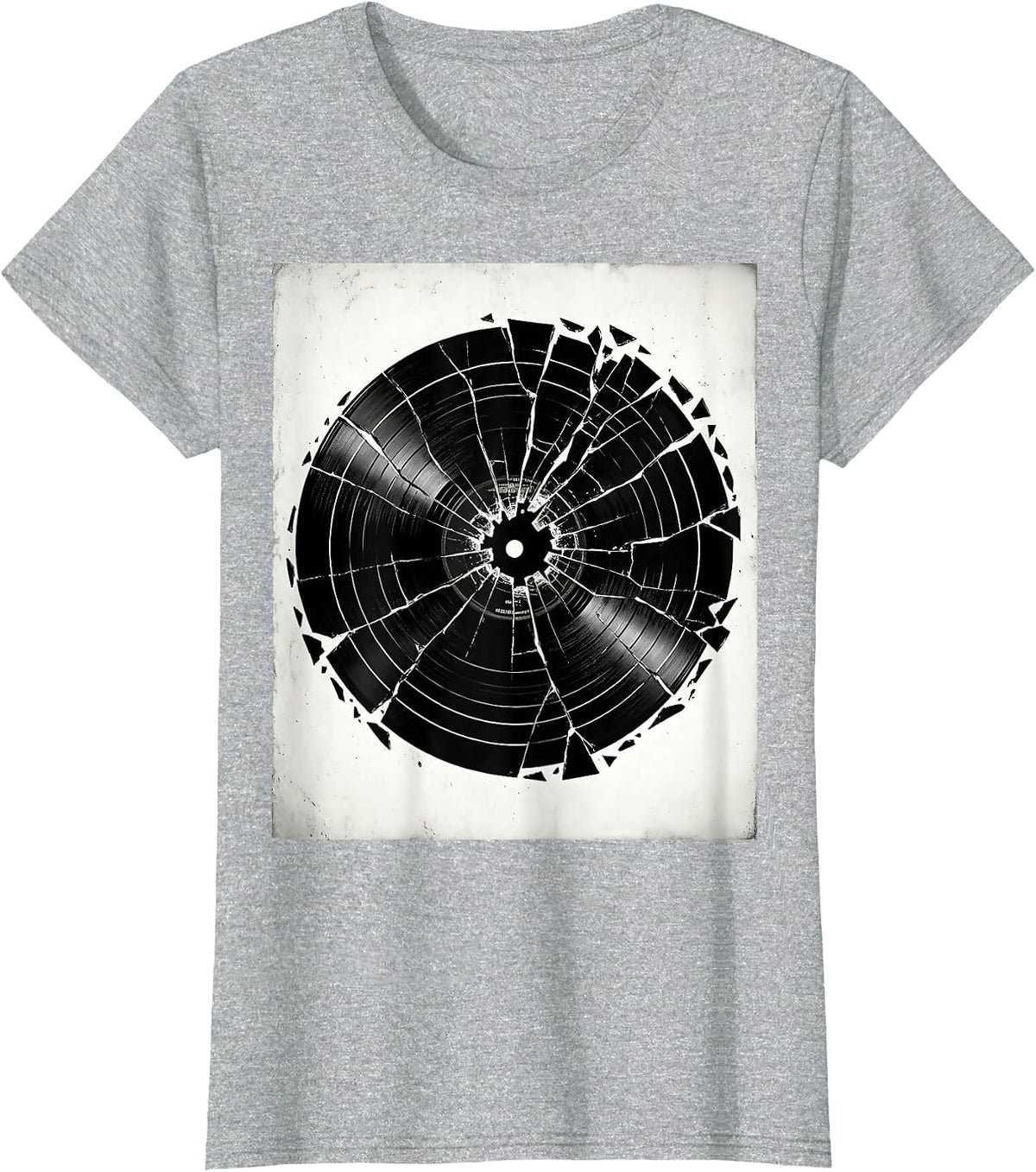 Broken Vinyl Record Grunge Illustration T-Shirt - Heather Grey