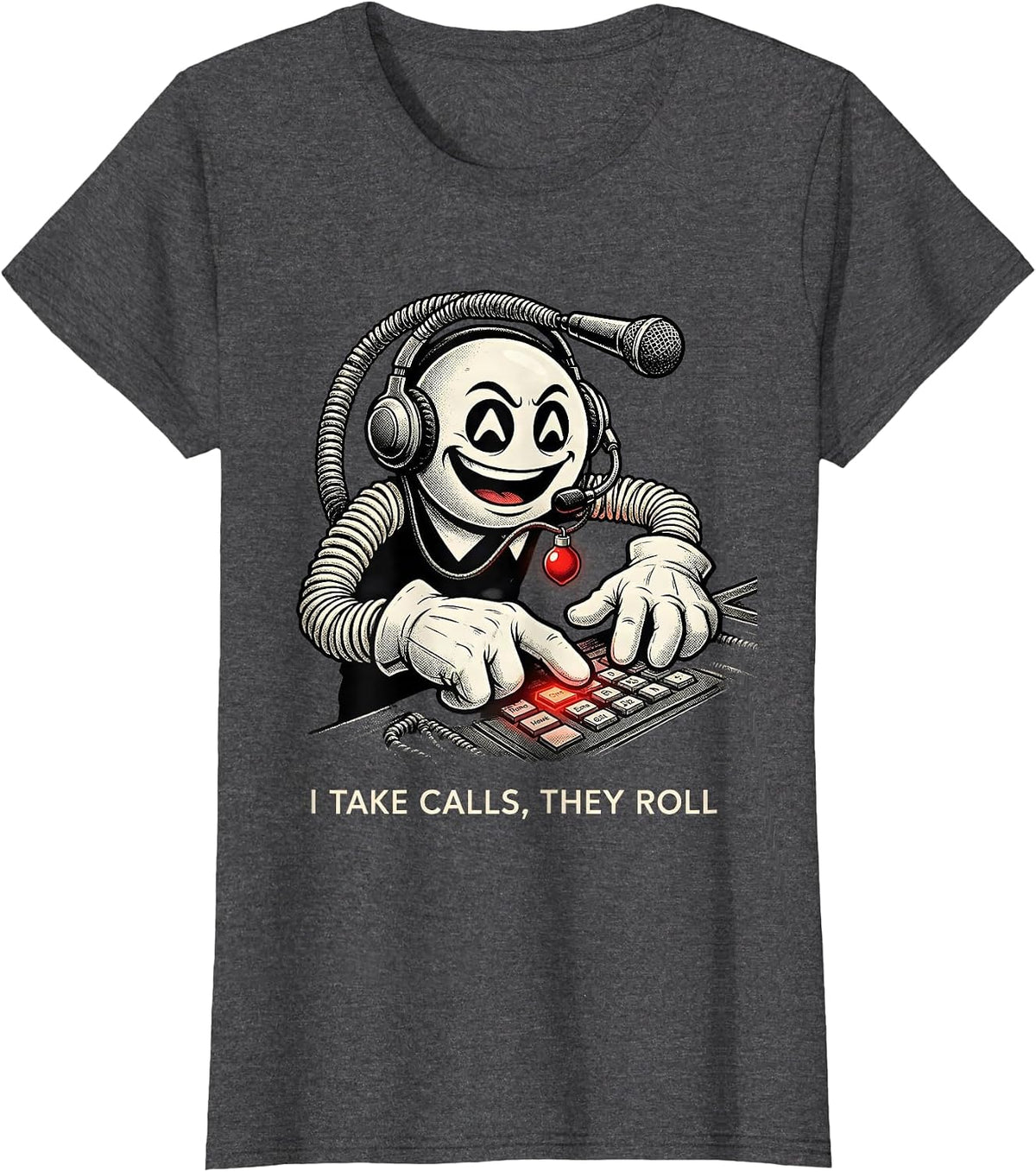 Women's I Take Calls, They Roll Retro Cartoon 911 Dispatcher T-Shirt - Dark Heather Grey