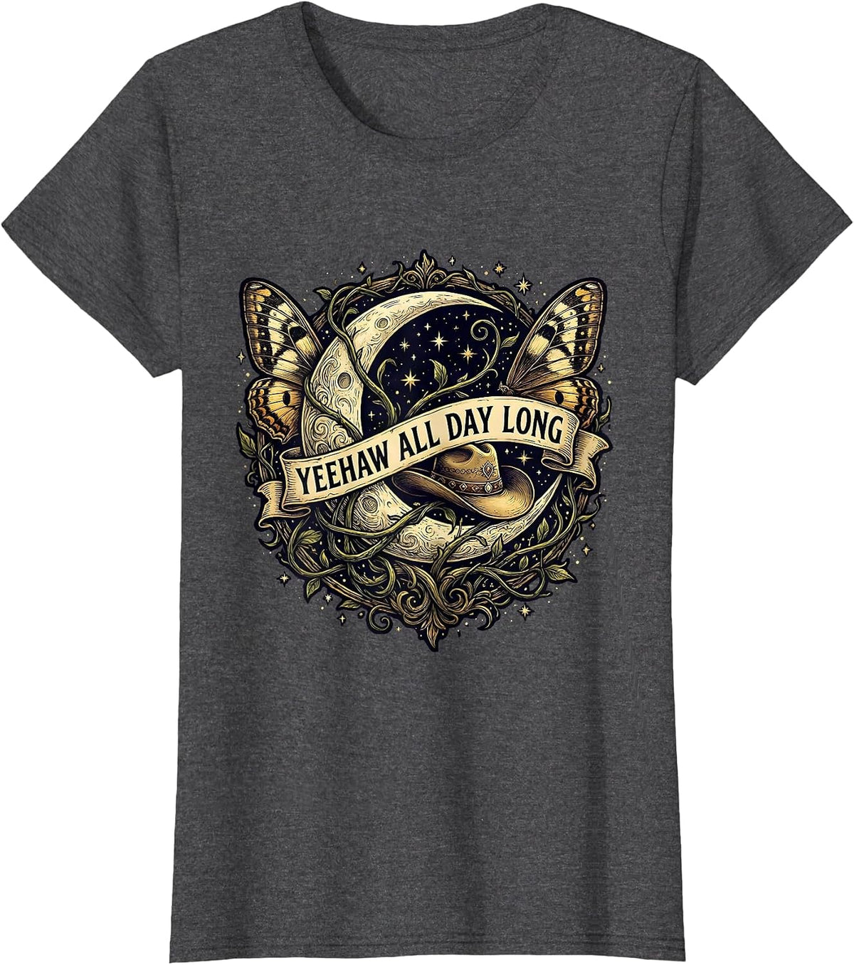 Women's Yeehaw All Day Long Western Cowboy Design T-Shirt - Dark Heather Grey