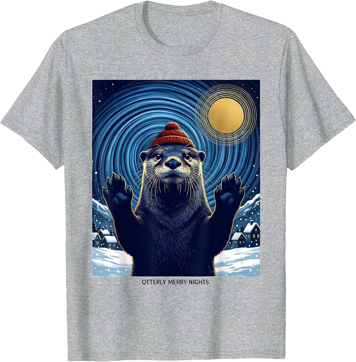 Men's Otterly Merry Nights Whimsical Animal Lover Van Gogh Parody T-Shirt - Heather Grey
