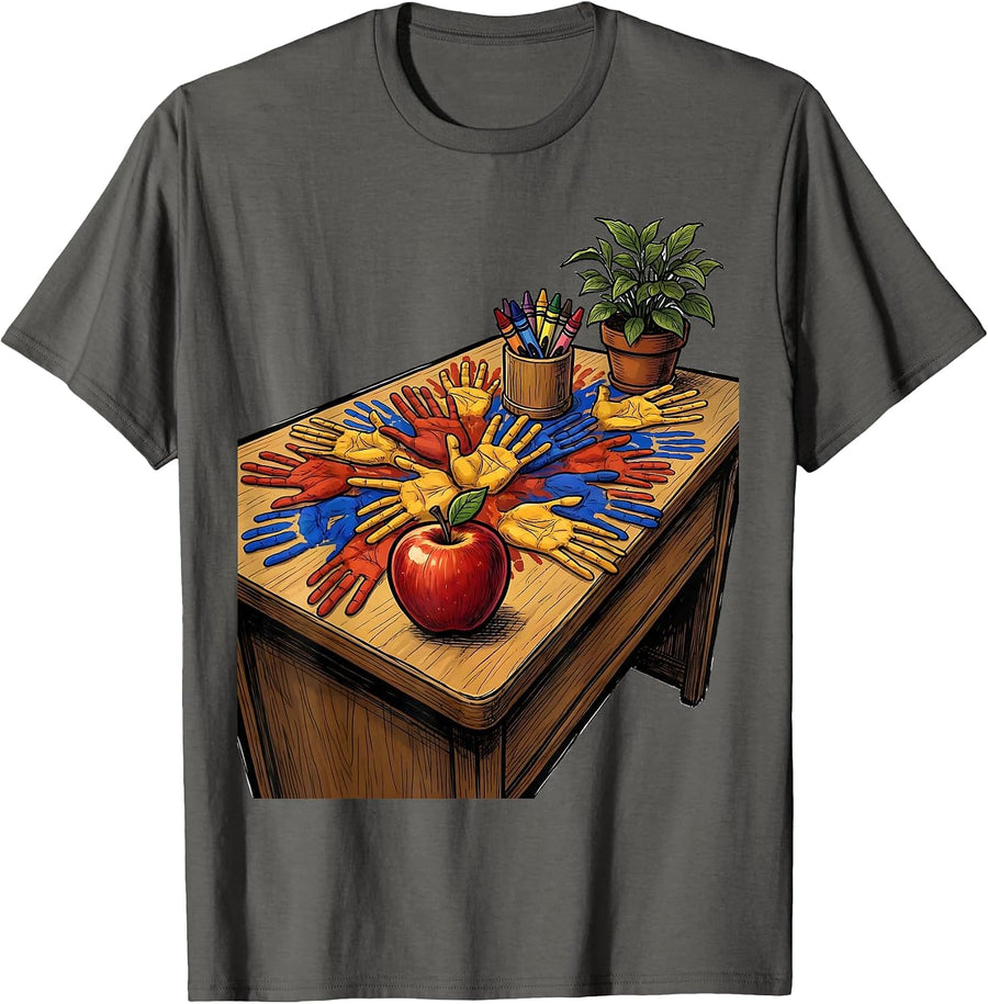 Third Grade Teacher Tiny Handprints Desk Design T-Shirt - Asphalt Grey