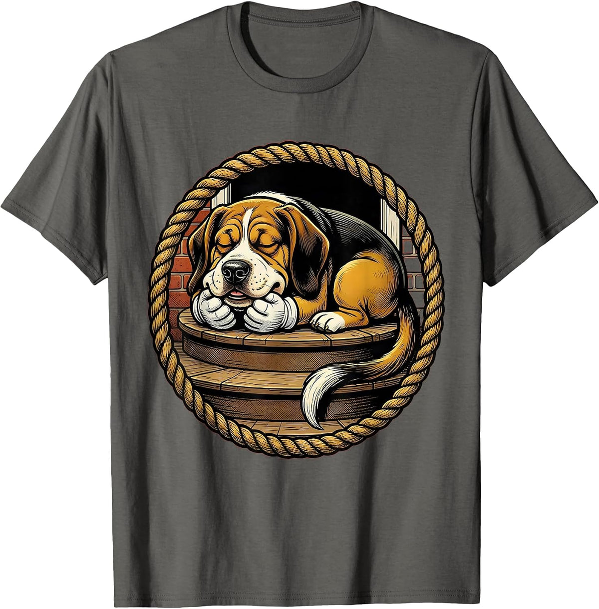 Lazy Hound Dog Napping on Porch Steps Illustration T-Shirt - Asphalt Grey