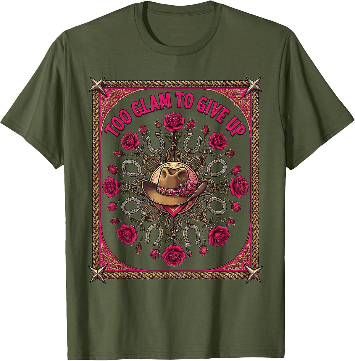Men's Too Glam To Give Up Pink Cowgirl Design T-Shirt - Olive Green