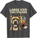 Men's Large Iced Two Straws Funny Pitbull Drinking Iced Coffee T-Shirt - Dark Heather Grey