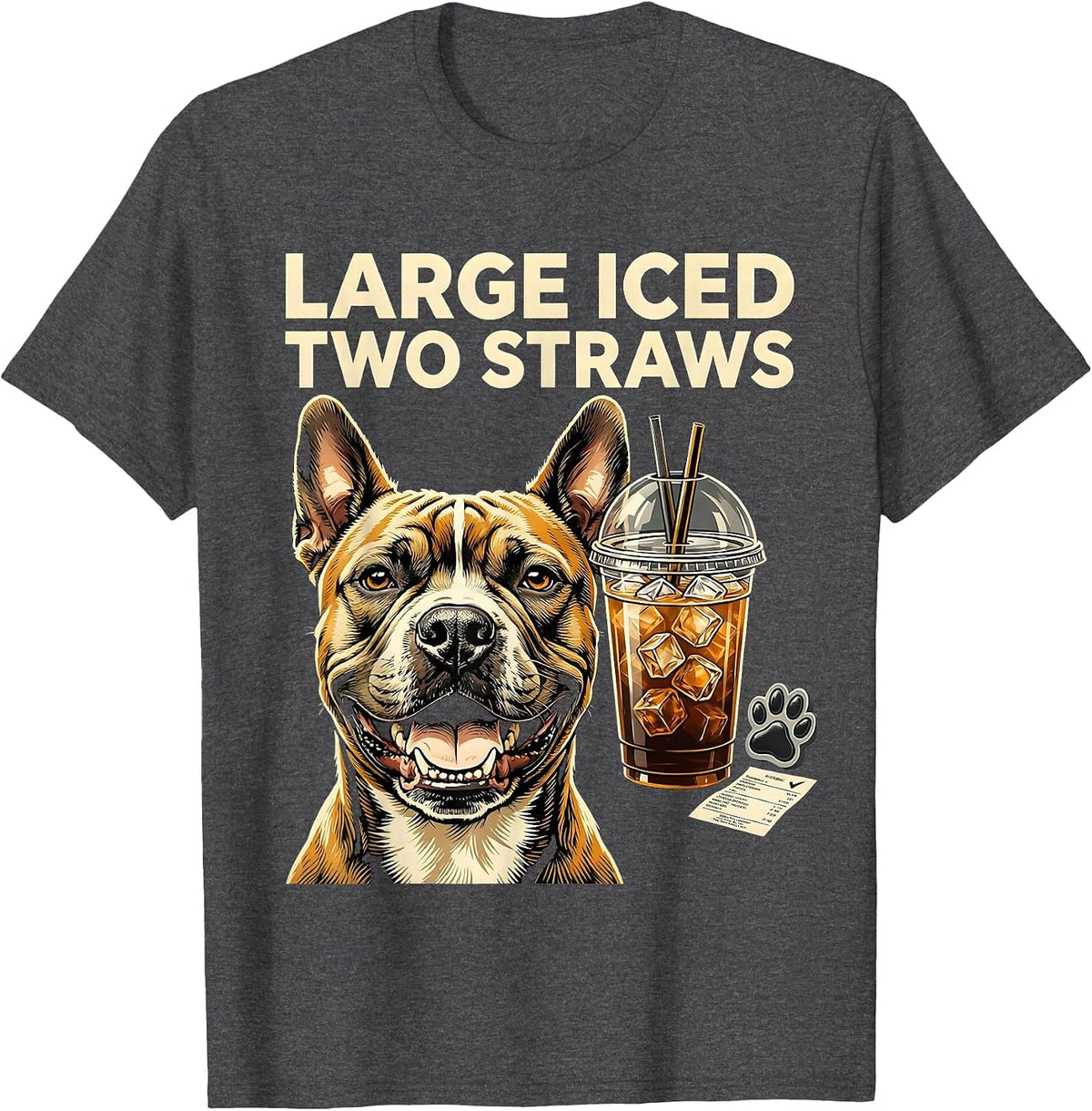 Men's Large Iced Two Straws Funny Pitbull Drinking Iced Coffee T-Shirt - Dark Heather Grey