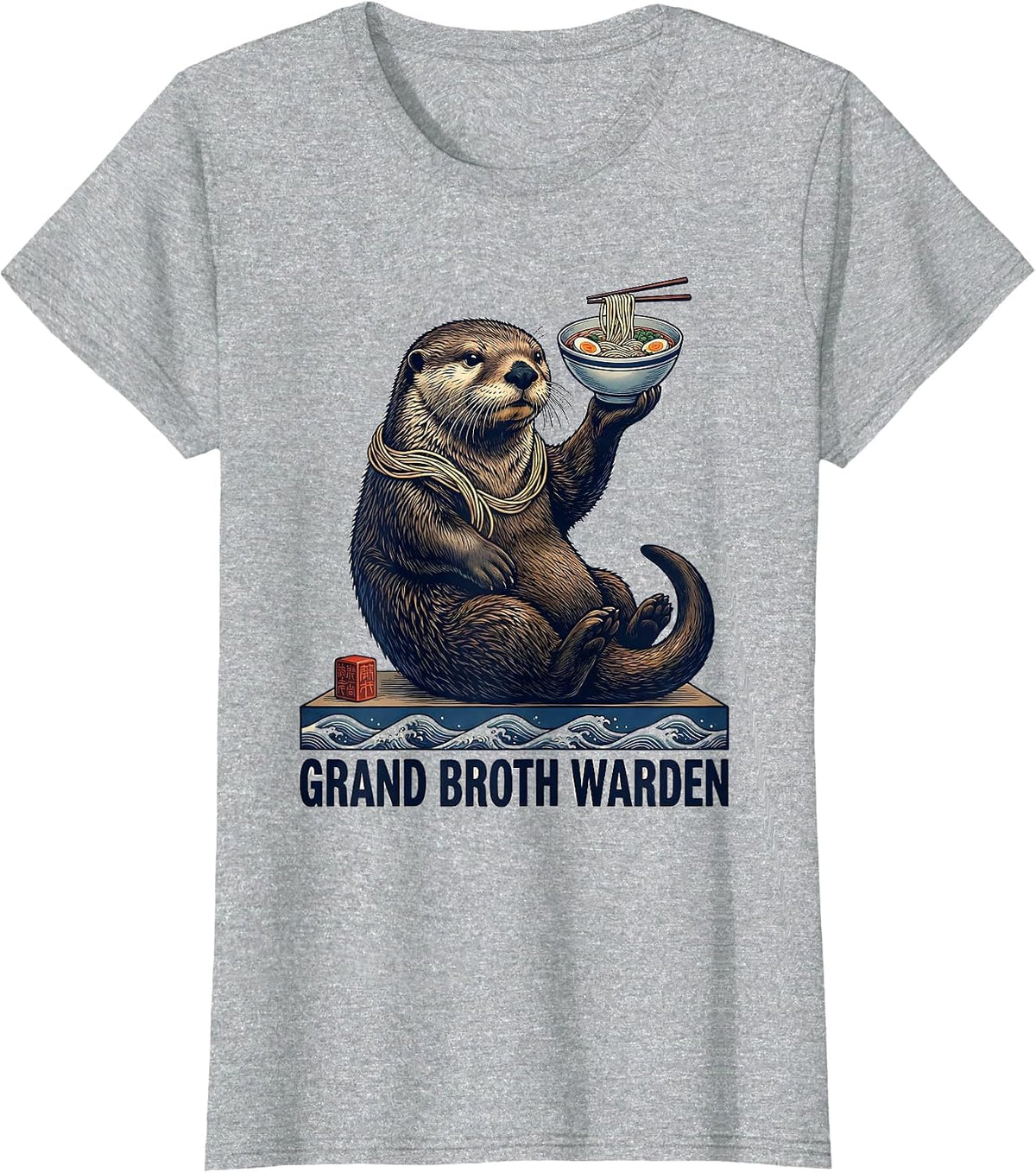 Women's Grand Broth Warden Ukiyo-e Cute Sea Otter Ramen Anime Gift T-Shirt - Heather Grey