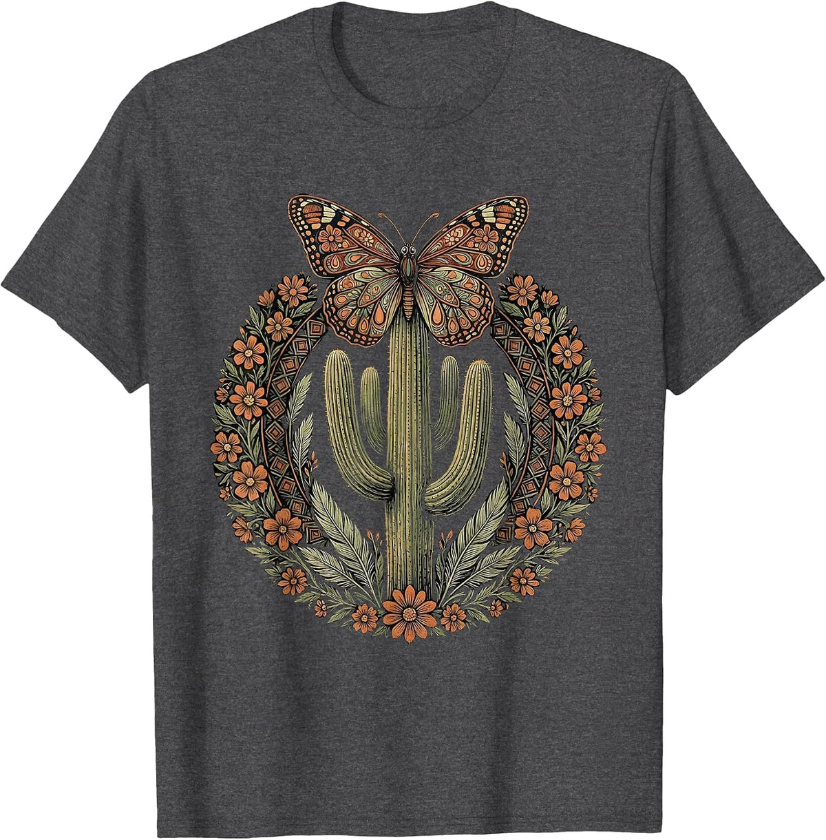 Men's Butterfly on Cactus Spine Western Desert Art T-Shirt - Dark Heather Grey