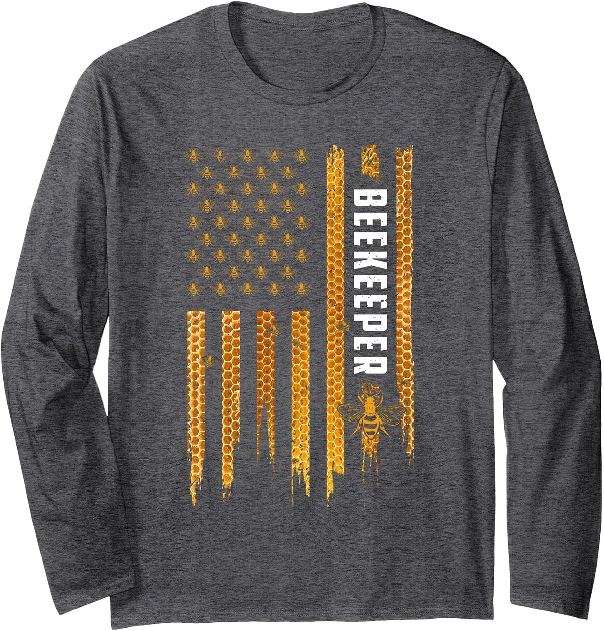 Beekeeping American Flag Honeycomb Honey Bees Beekeeper Long Sleeve T-Shirt - Adult Unisex Dark Heather Grey