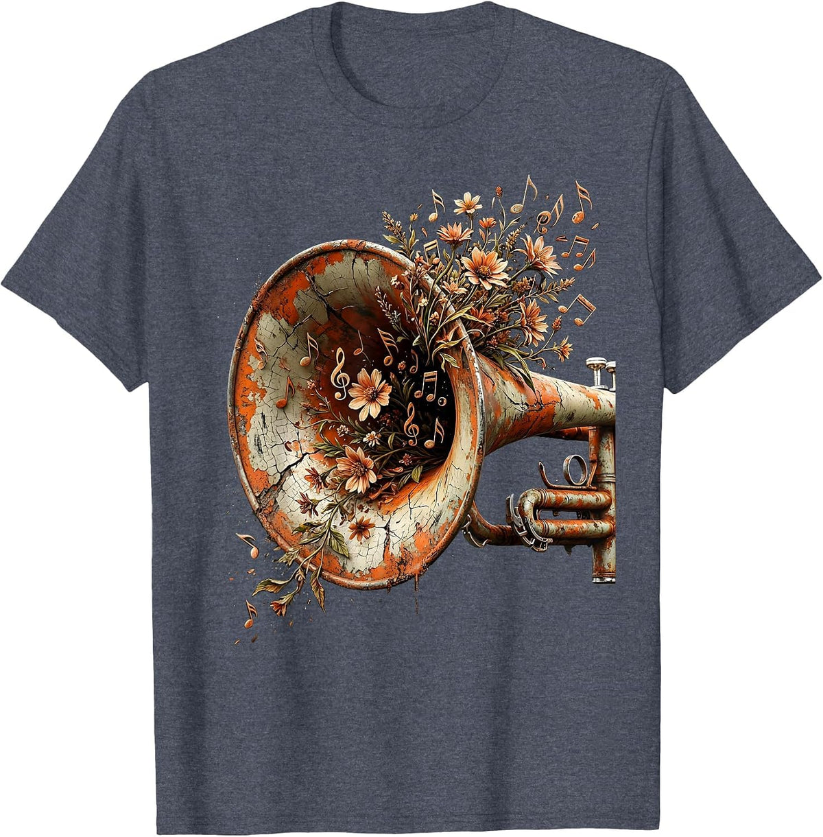 Trumpet Floral Notes Musical Bloom Design T-Shirt - Heather Blue