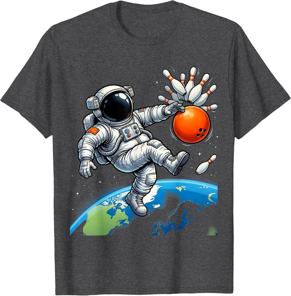 Men's Astronaut Bowling in Zero Gravity Space Design T-Shirt - Dark Heather Grey