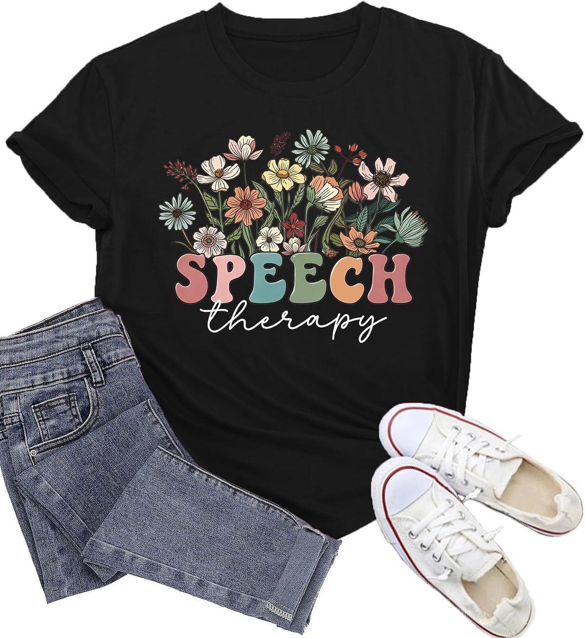 Womens Speech Therapy Shirt Speech Language Pathologist T-Shirts Floral SLP Professionals Tee Tops - Black