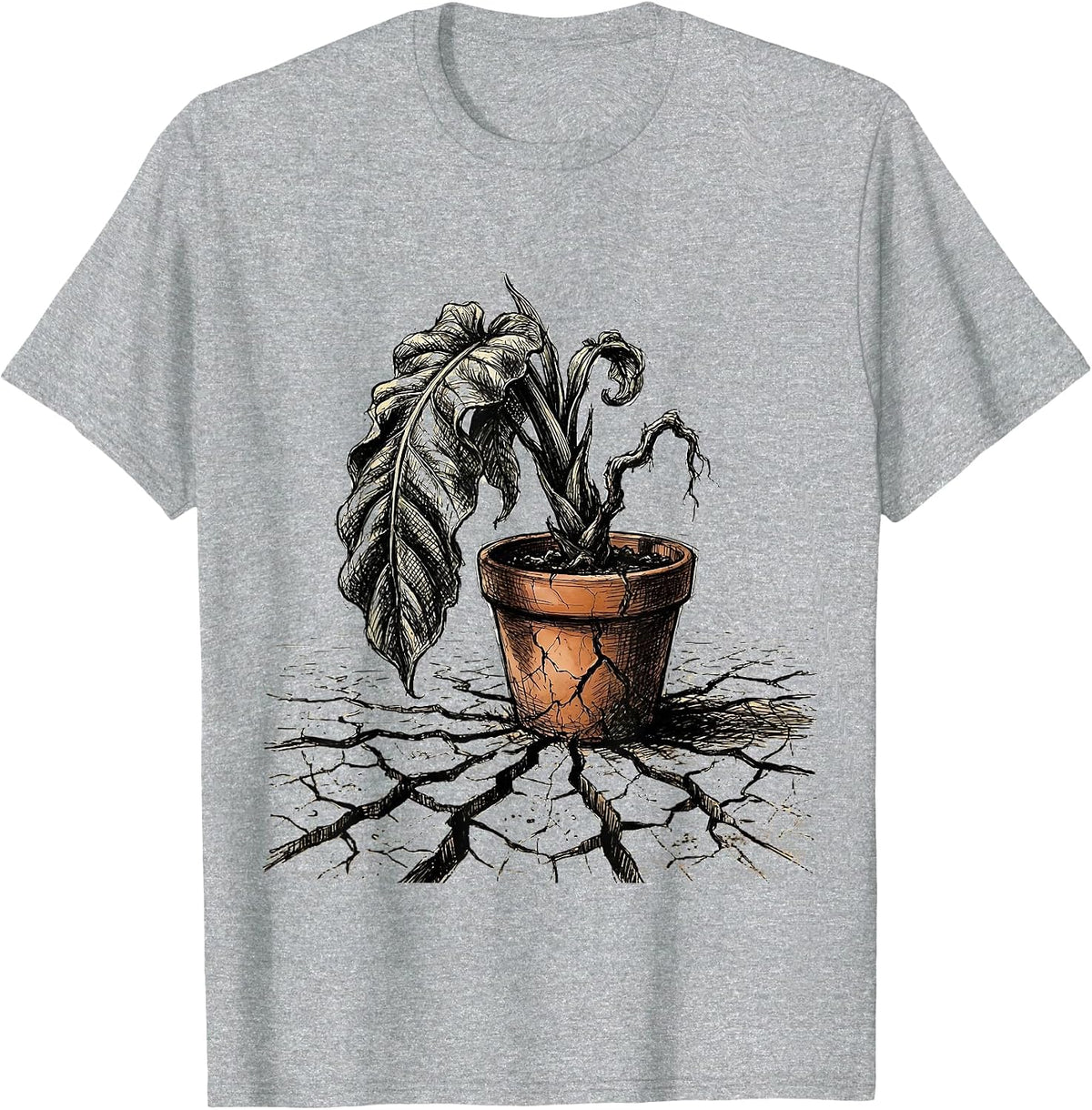 Men's Wilting Plant Dry Earth Darkly Humorous Graphic T-Shirt - Heather Grey