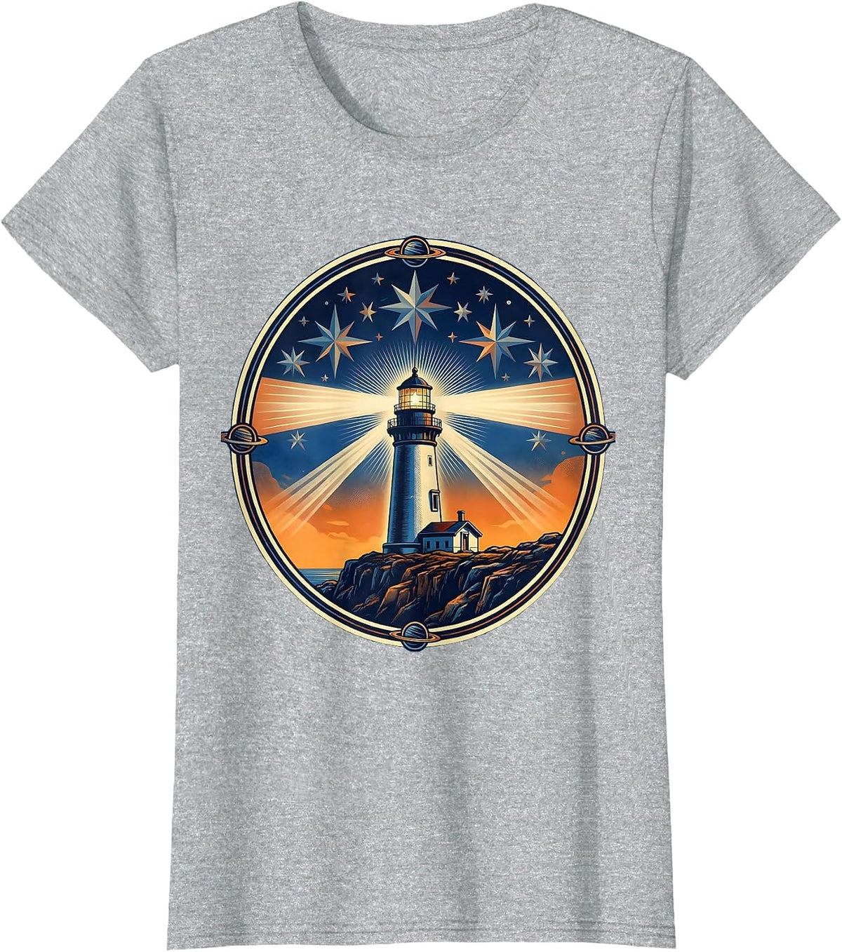 Women's Puerto Rico Lighthouse Starry Night Glowing Cliff T-Shirt - Heather Grey