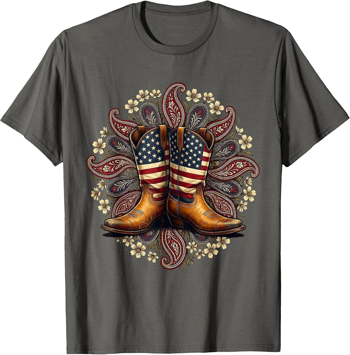 Men's Cowgirl Boots Floral Paisley Western Design T-Shirt - Asphalt Grey