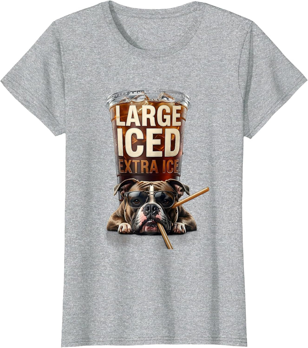 Women's Large Iced Extra Ice Funny Pitbull Drinking Iced Coffee Meme T-Shirt - Heather Grey
