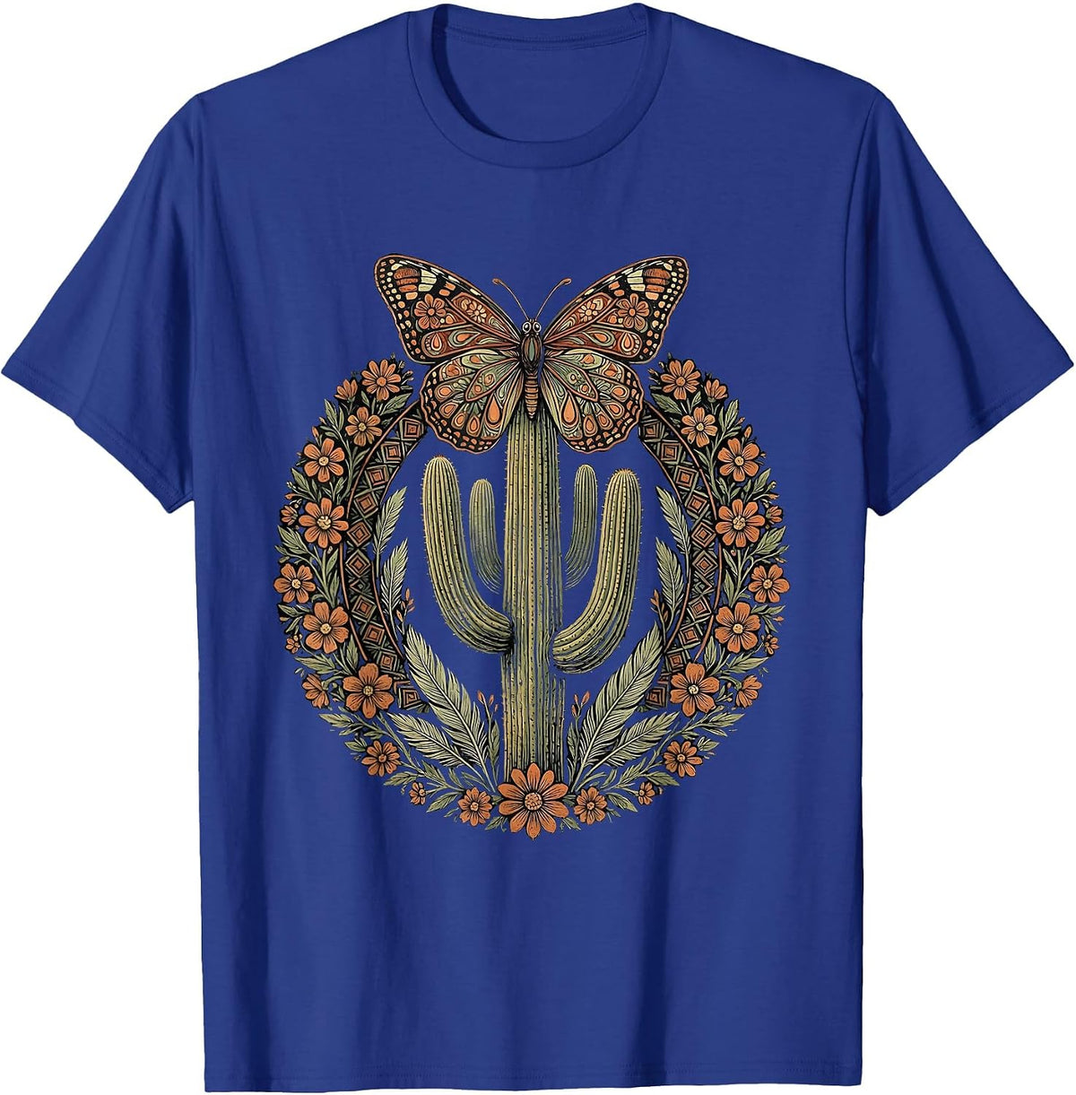 Men's Butterfly on Cactus Spine Western Desert Art T-Shirt - Royal Blue