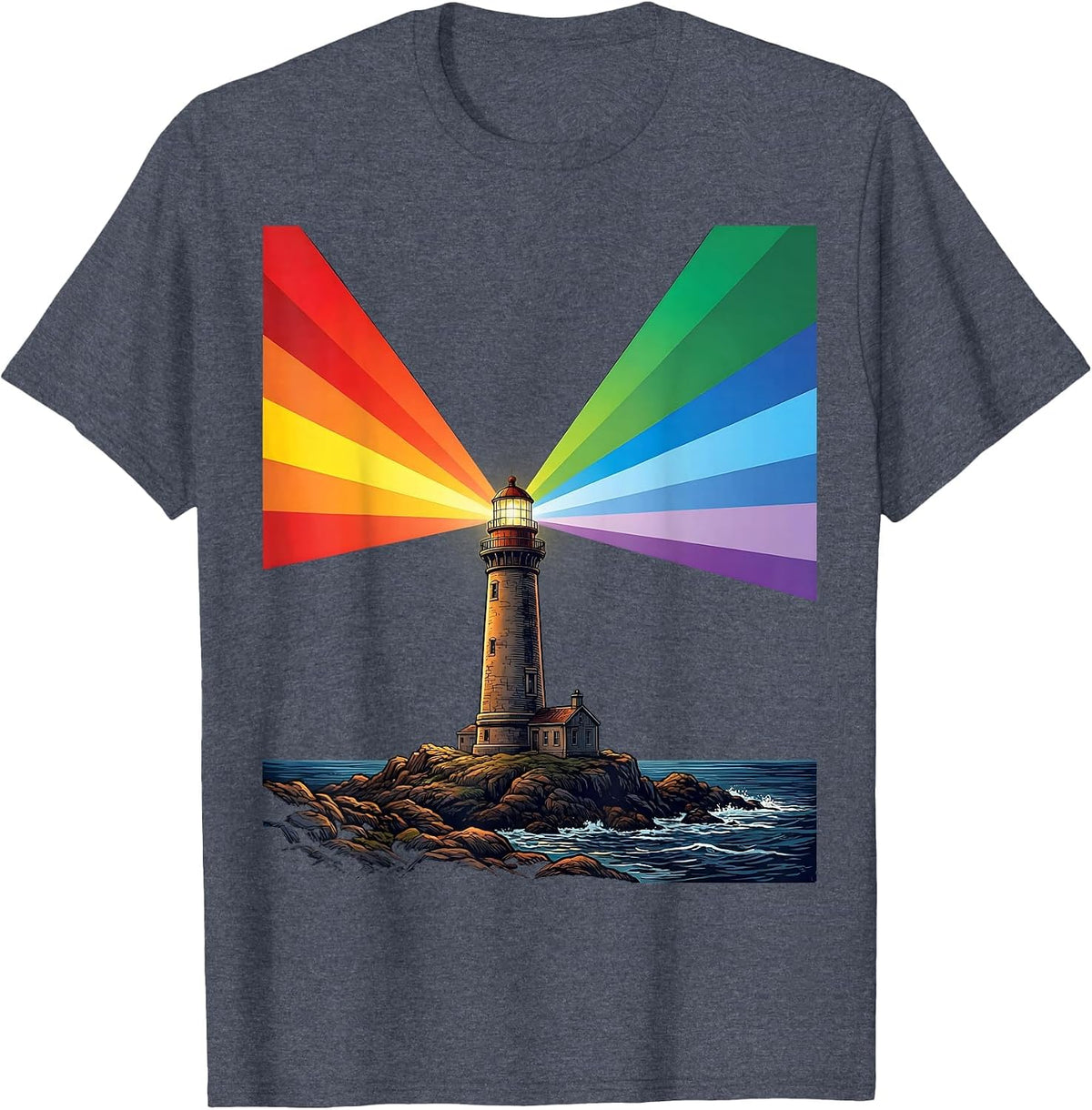 Autism Awareness Rainbow Lighthouse Graphic T-Shirt - Heather Blue