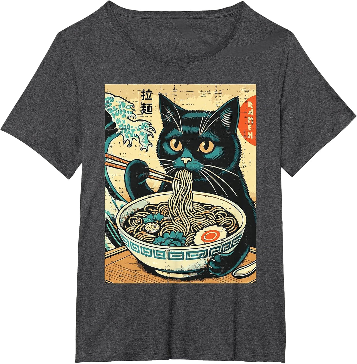 Japanese Cat Ramen Great Wave Vintage Art Food Men Women Kid T-Shirt - Dark Heather Grey