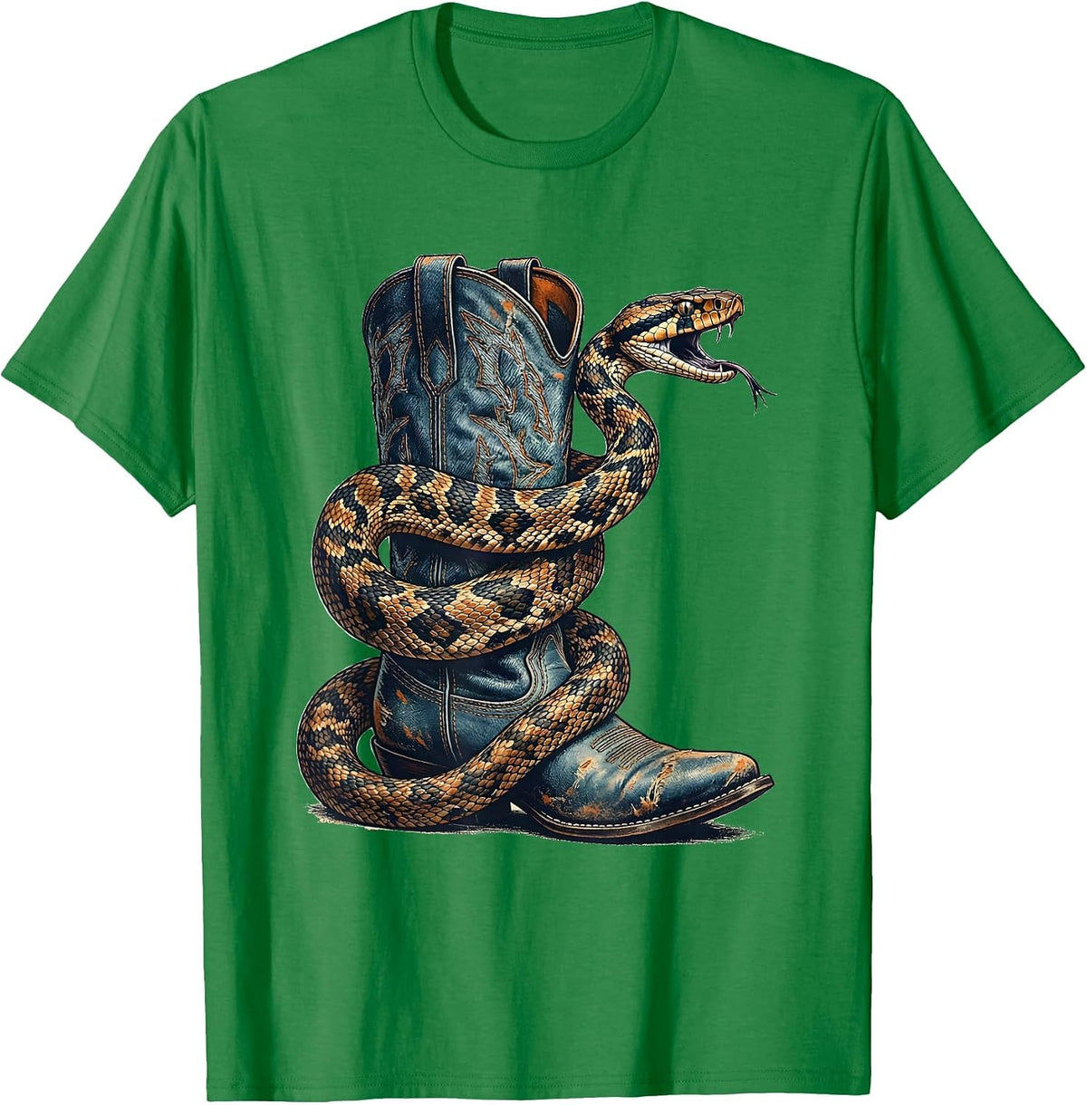 Men's Denim Cowgirl Snake Coiled Cowboy Boot Graphic T-Shirt - Kelly Green