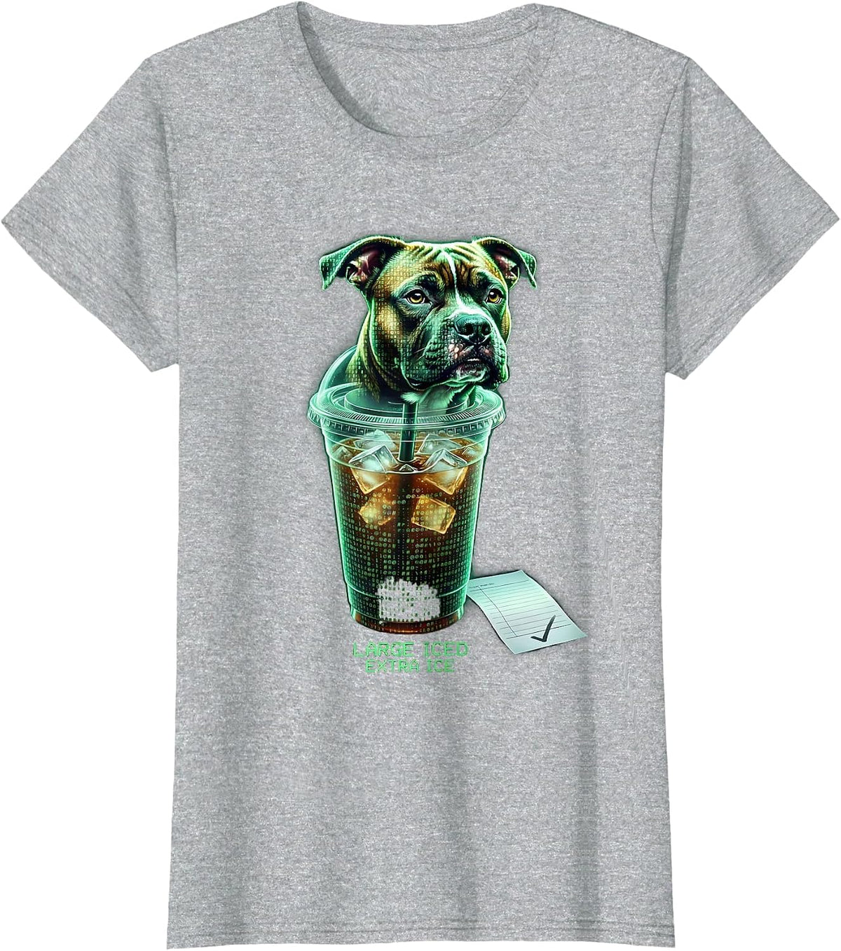 Large Iced Extra Ice Funny Pitbull Drinking Iced Coffee Meme T-Shirt - Heather Grey