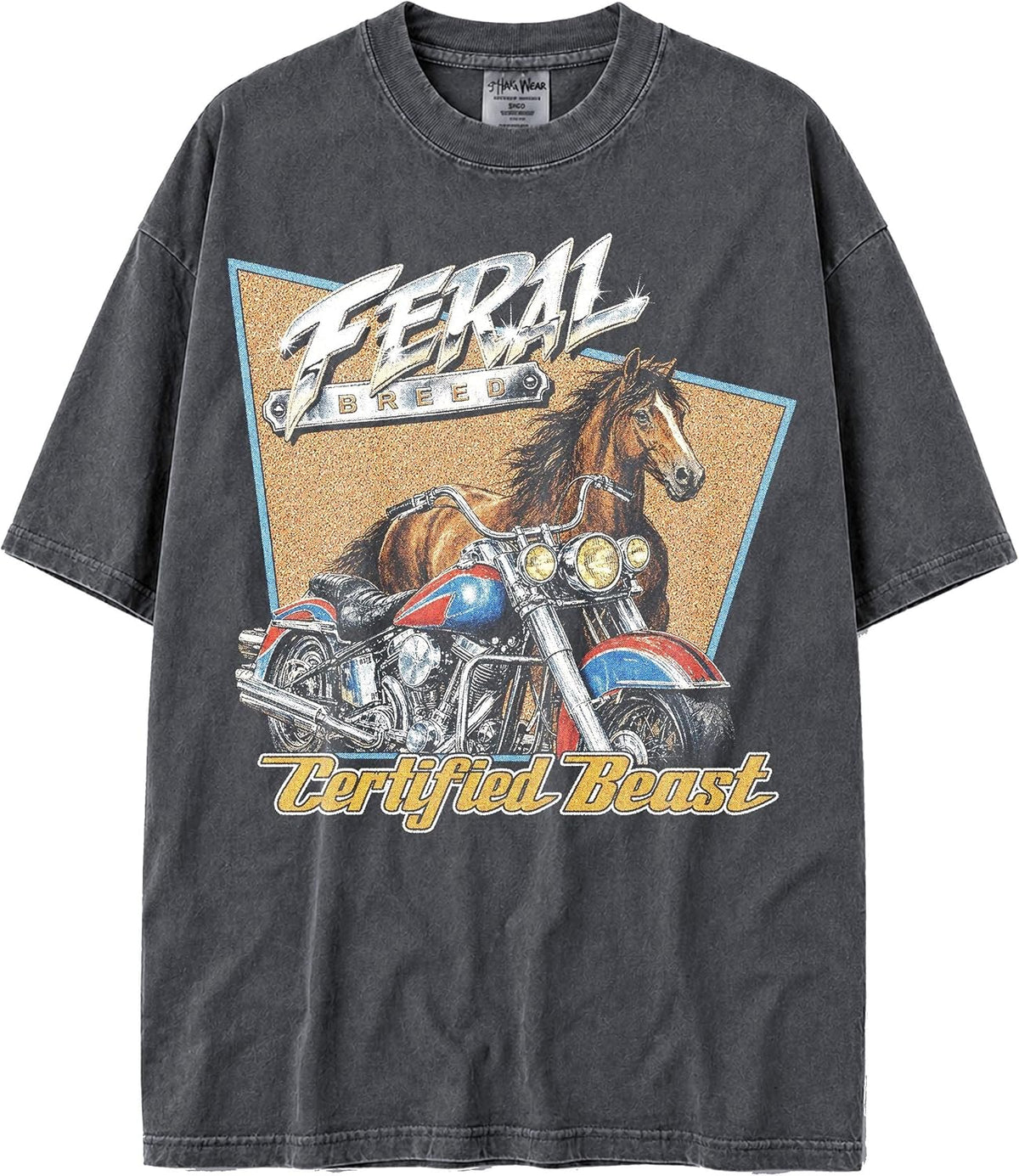 U.S.A. MAX-Heavyweight Faded Shaka Wear Oversized 7.5oz Cotton Tshirt with Biker Animals - Brown Horse