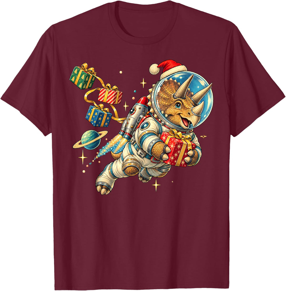 Christmas Triceratops Astronaut Dinosaur Space Holiday Art T-Shirt - Burgundy