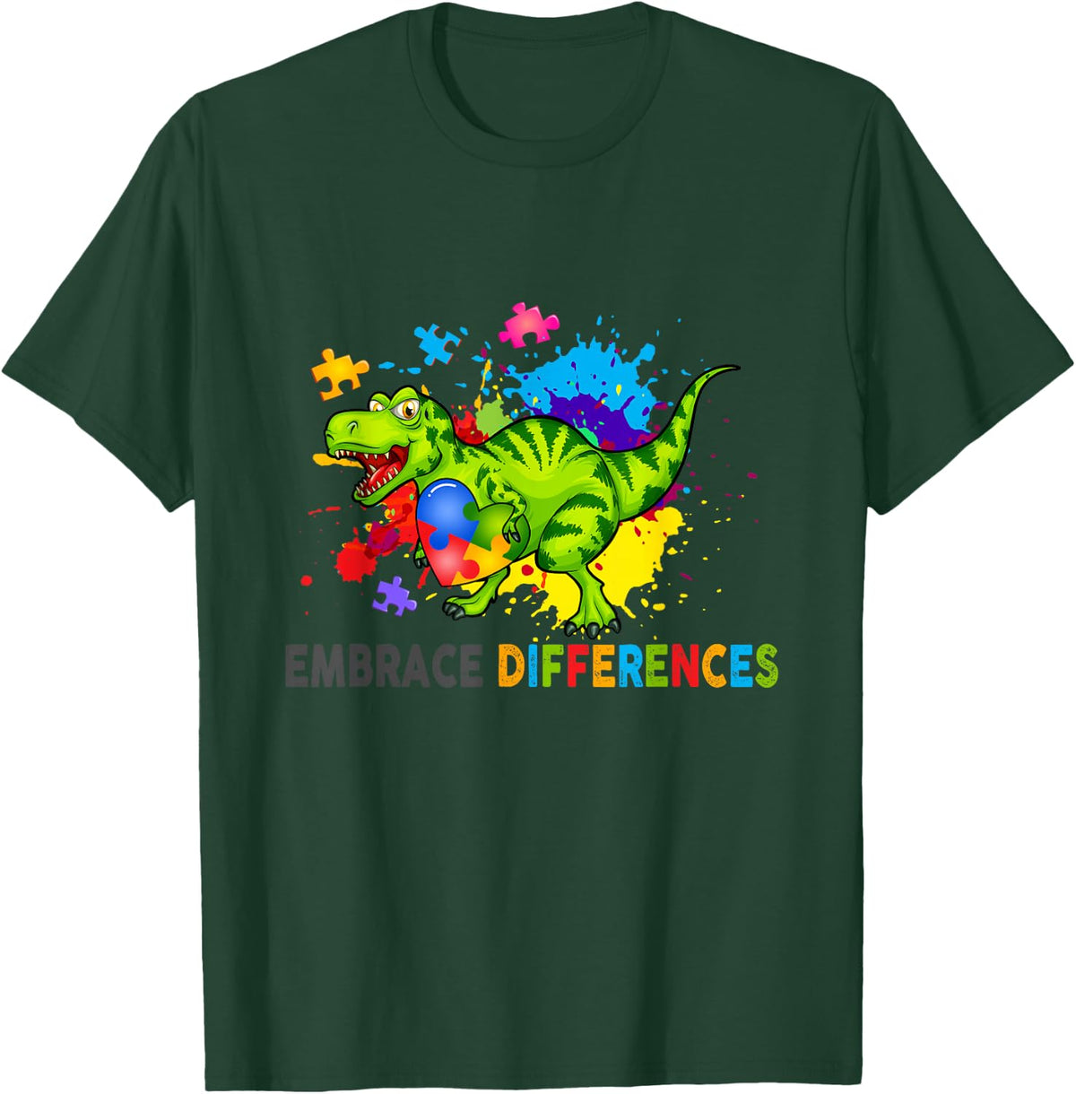 Autism Awareness Month Support Embrace Differences Dinosaur T-Shirt - Dark Green