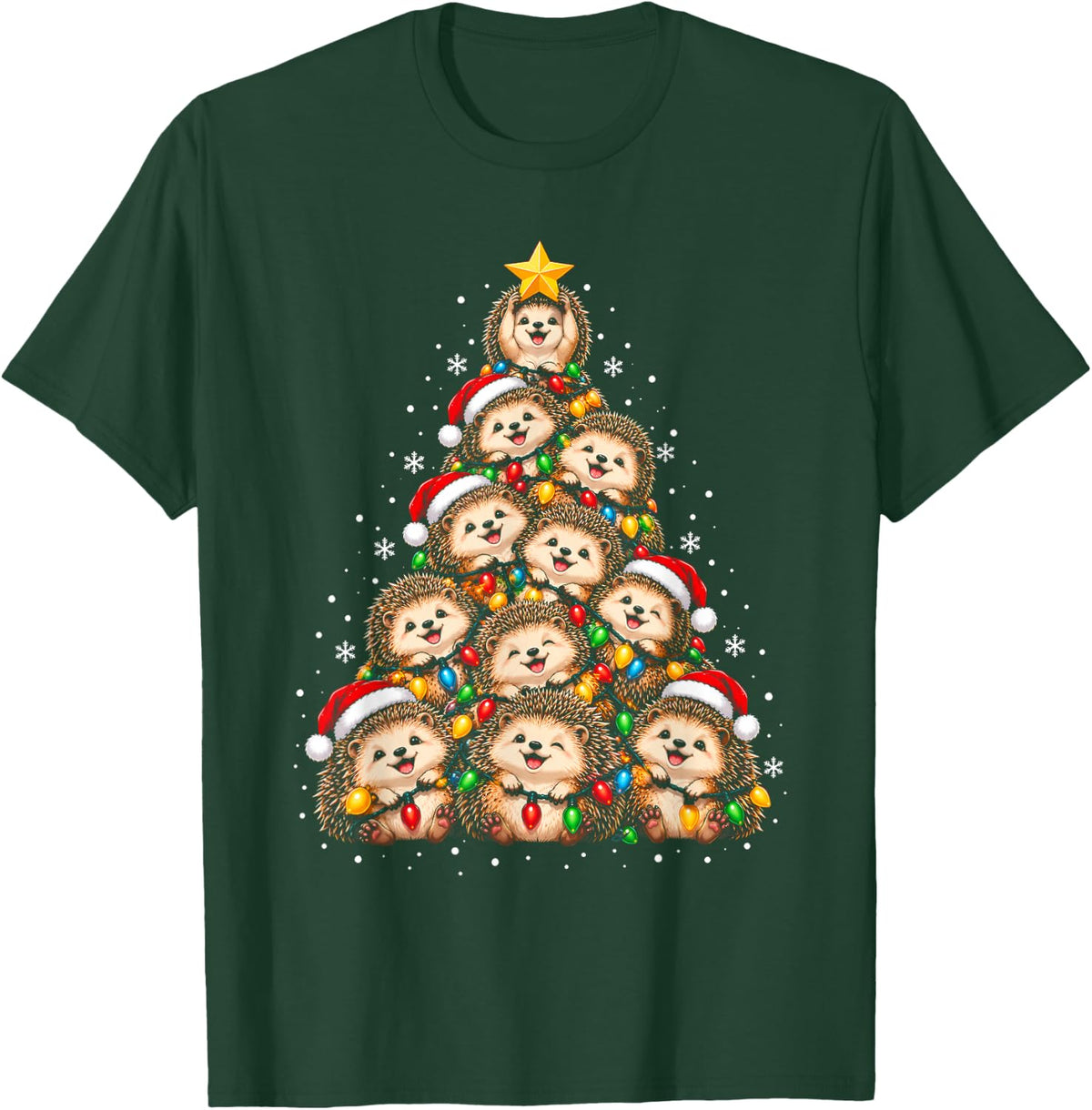 Hedgehog Christmas Tree Cute Woodland Animals T-Shirt - Dark Green