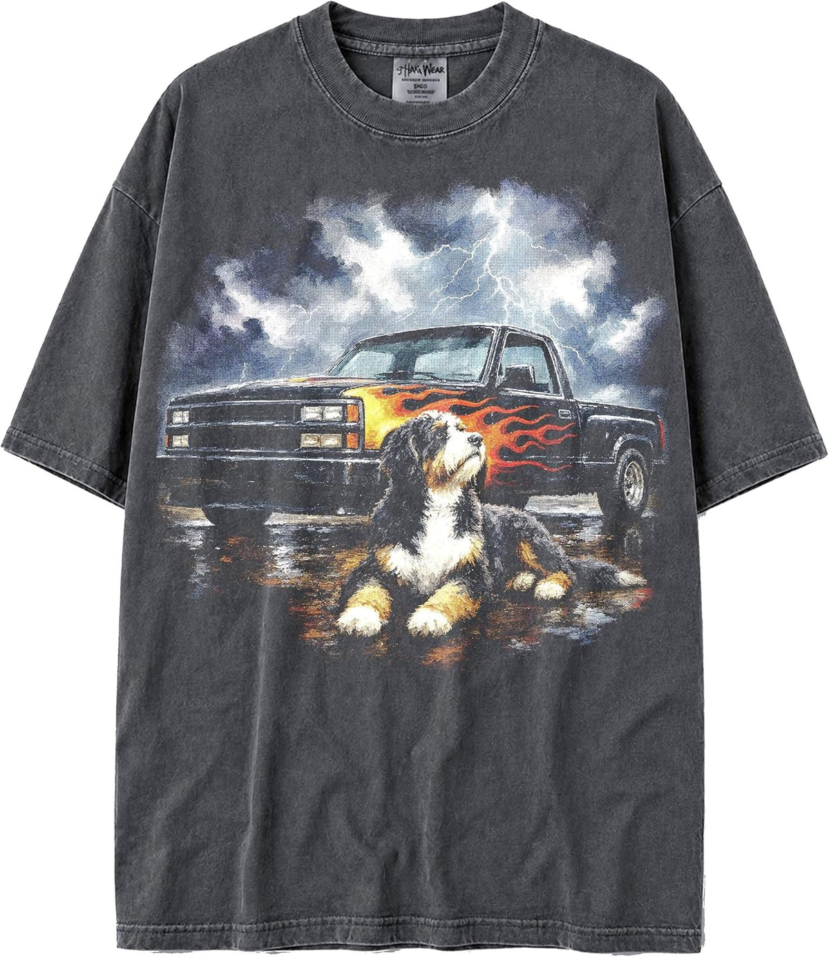 U.S.A. MAX-Heavyweight Shaka Wear Faded Oversized 7.5oz Cotton Tshirt with Animals, Truck Thunder and Flames - Bernedoodle