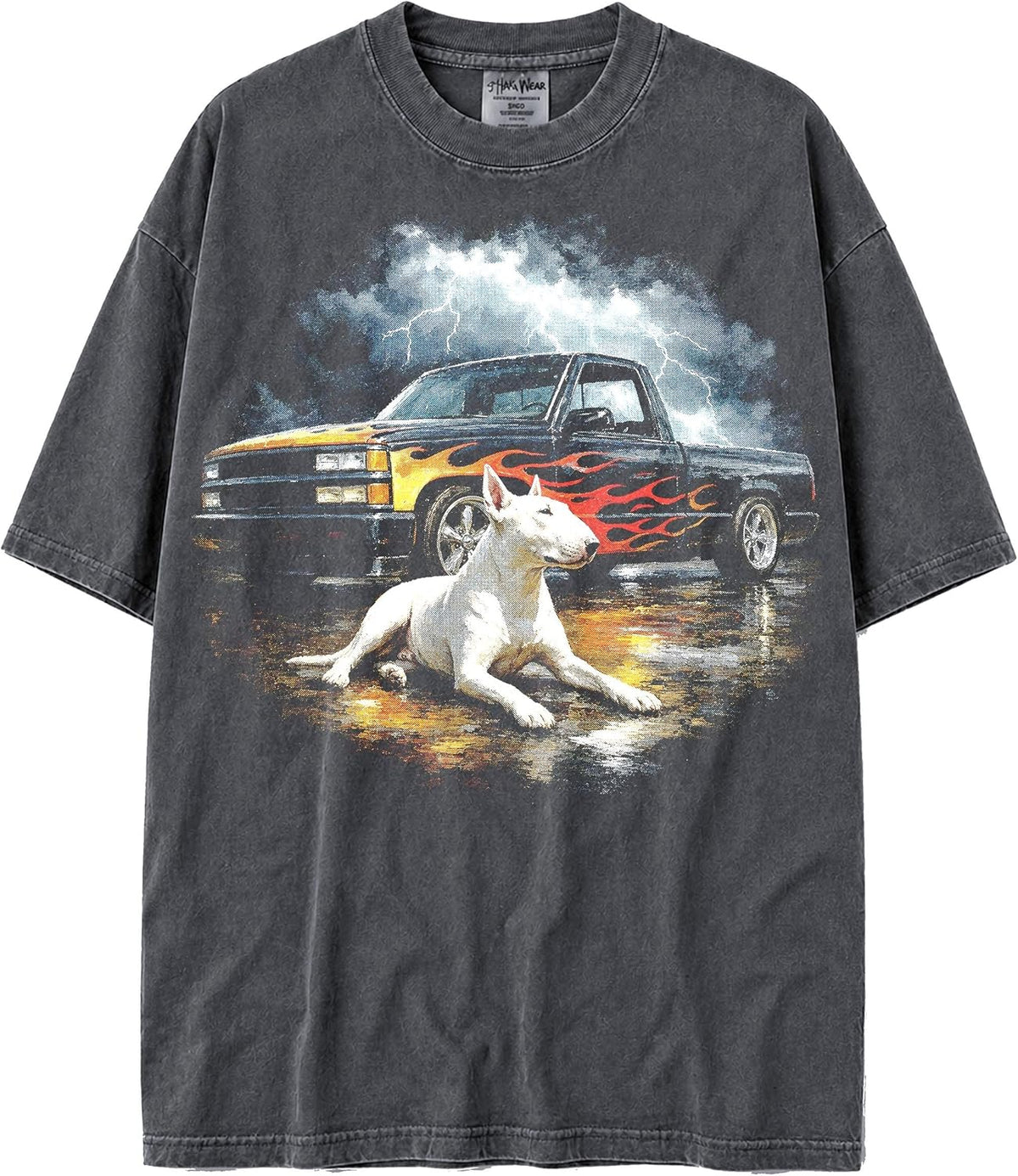 U.S.A. MAX-Heavyweight Shaka Wear Faded Oversized 7.5oz Cotton Tshirt with Animals, Truck Thunder and Flames - Bull Terrier