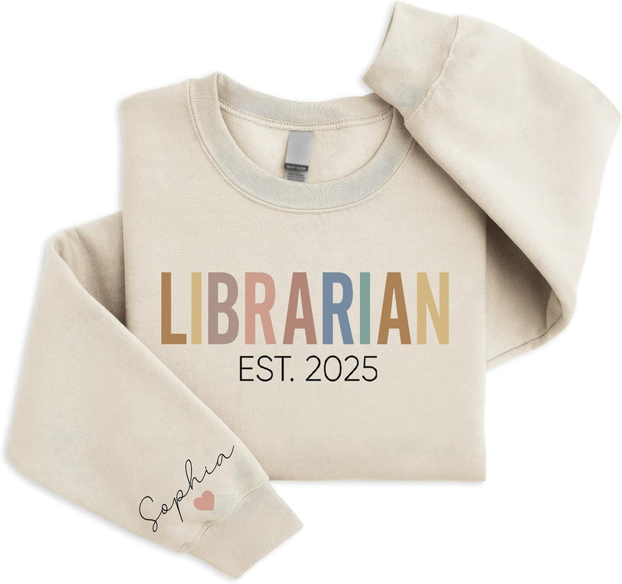 Custom Librarian Sweatshirt with Name on Sleeve, Personalized Library Staff Crewneck Gift for Reading Teacher, School Media