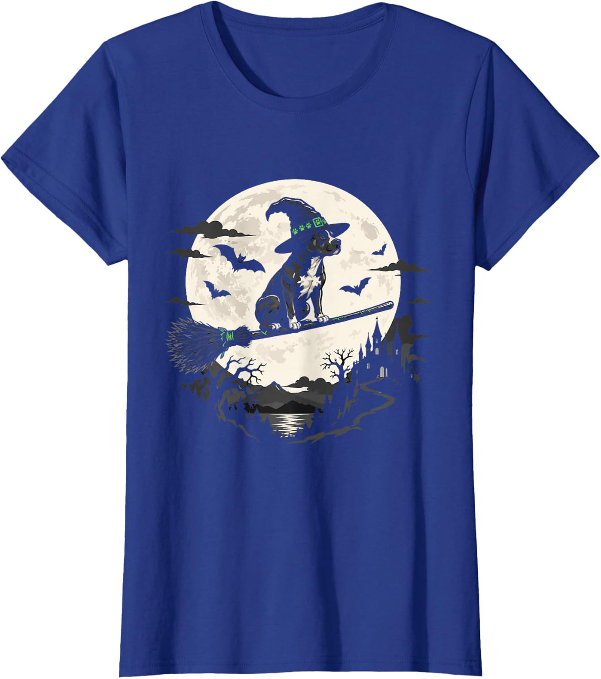 Halloween Pitbull Dog Witch Scary Pumpkin and Moon T-Shirt - Royal Blue