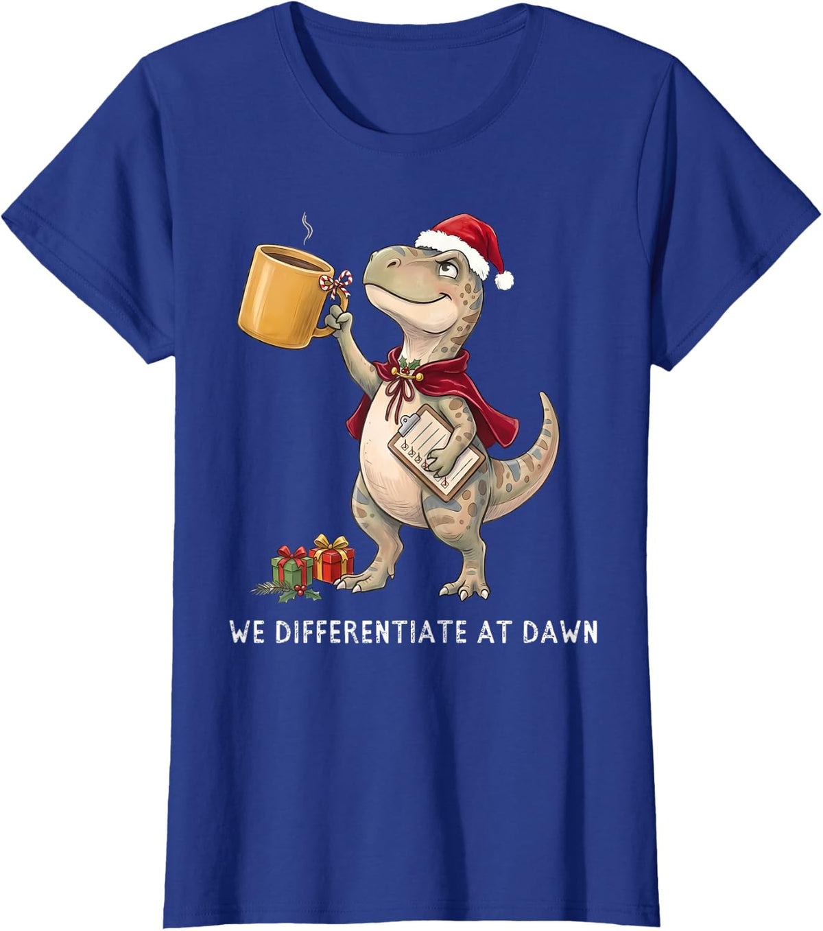 Christmas We Differentiate at Dawn Dinosaur SPED Teacher T-Shirt - Royal Blue