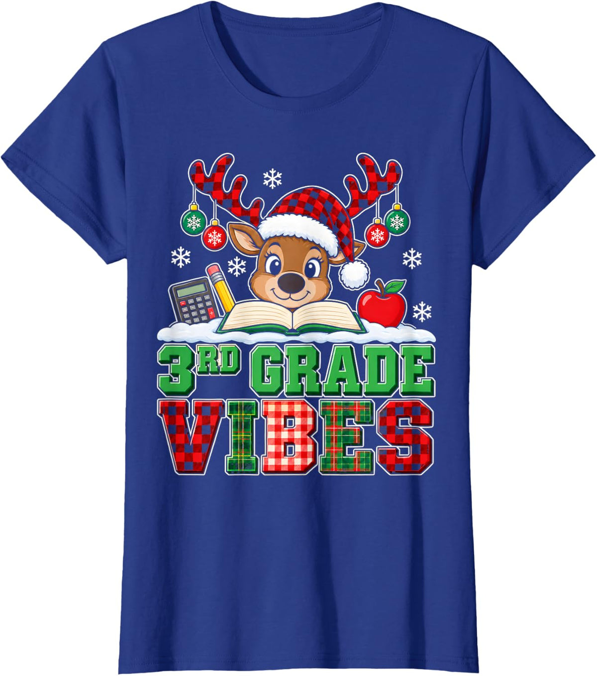3rd Grade Teacher Christmas Shirt Vibes Reindeer Book T-Shirt - Royal Blue
