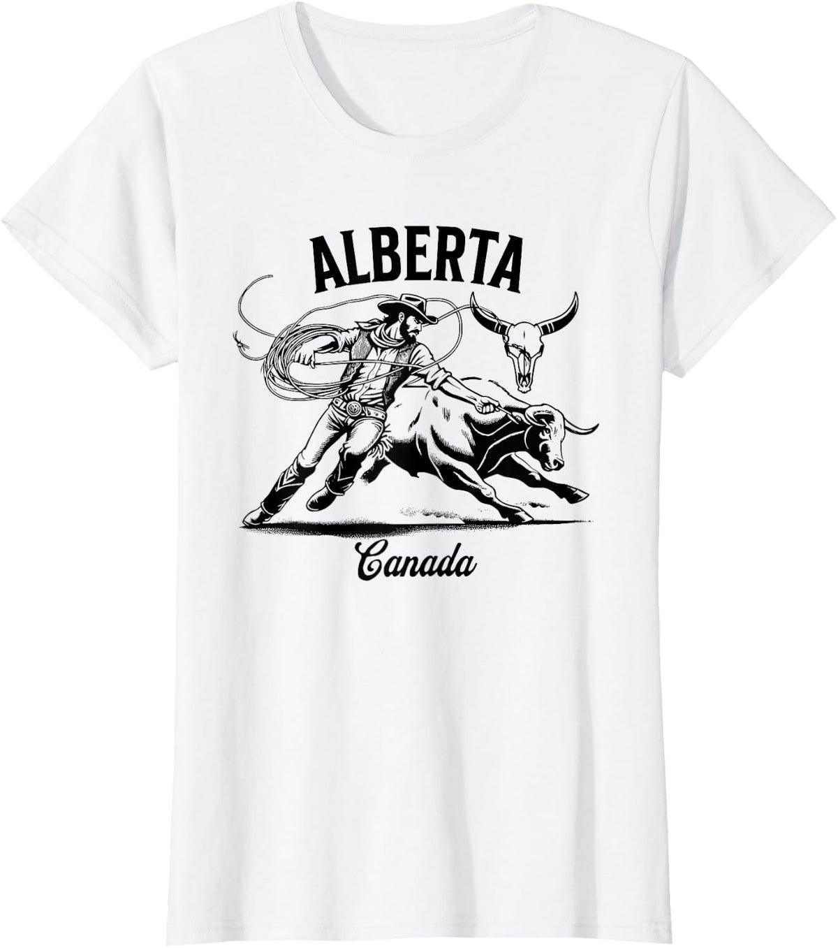 Alberta Canada Rodeo Bull Rider Steer Wrangler Cowboy T-Shirt - White