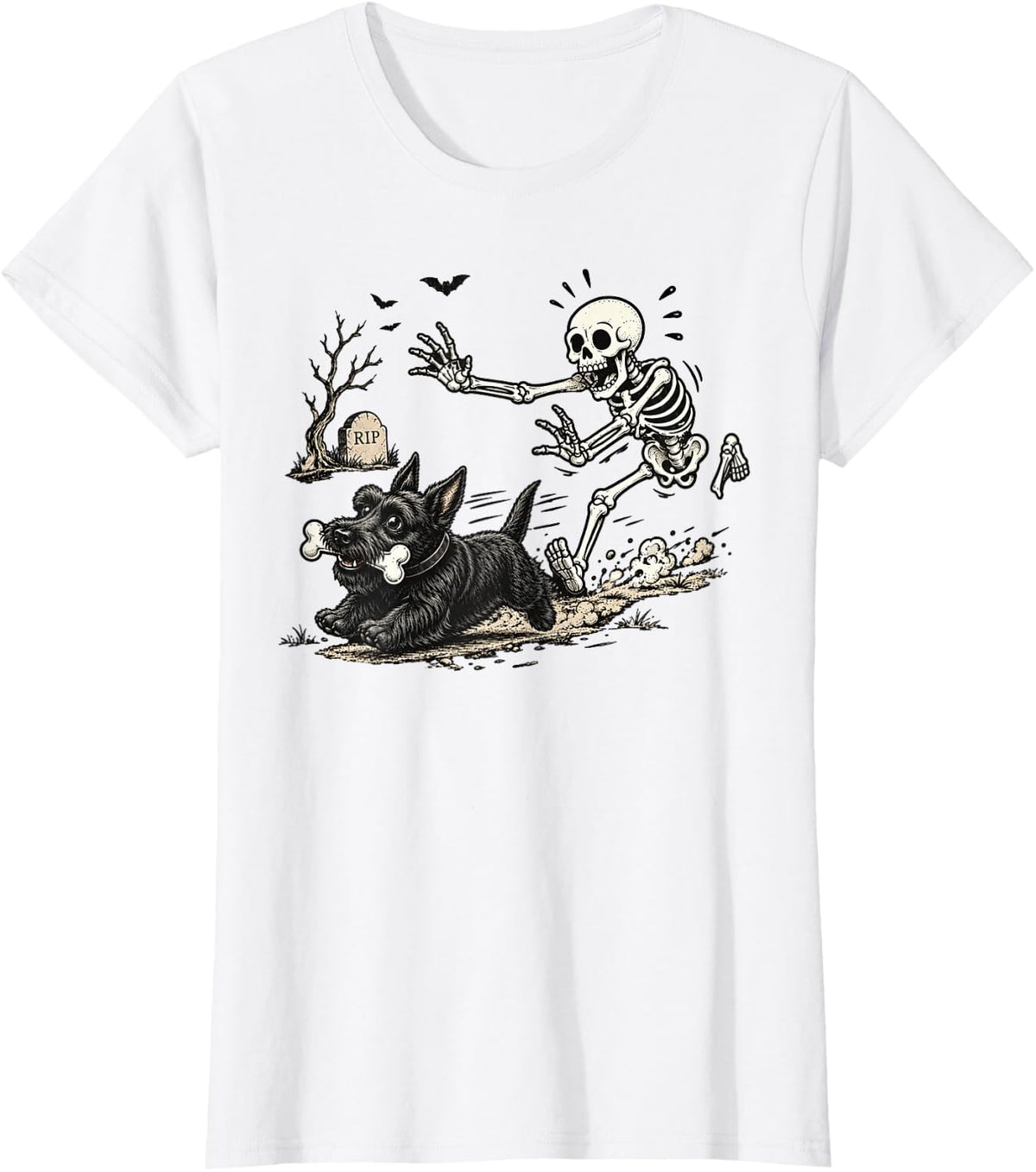 Cute Funny Skeleton Chasing Scottish Terrier Dog Halloween T-Shirt - White