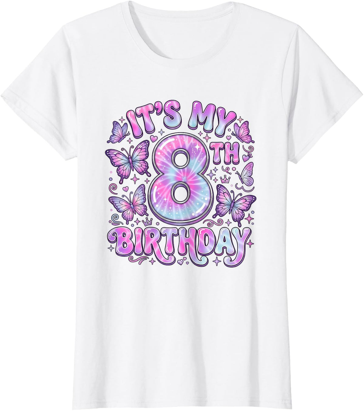 It's My 8th Birthday Butterfly Theme 8 Year Old Party Girl T-Shirt - White