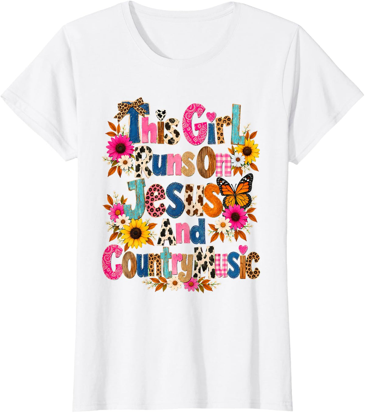 This Girl Runs On Jesus and Country Music Floral T-Shirt - White