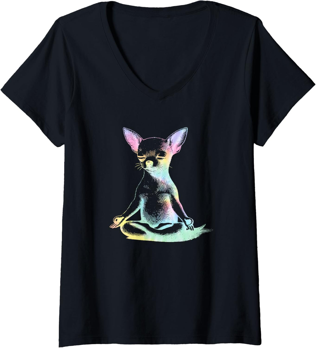 Women's Chihuahua Yoga Tie Dye Sweater, Lotus Dog Meditation Dog Mom V-Neck T-Shirt - Black