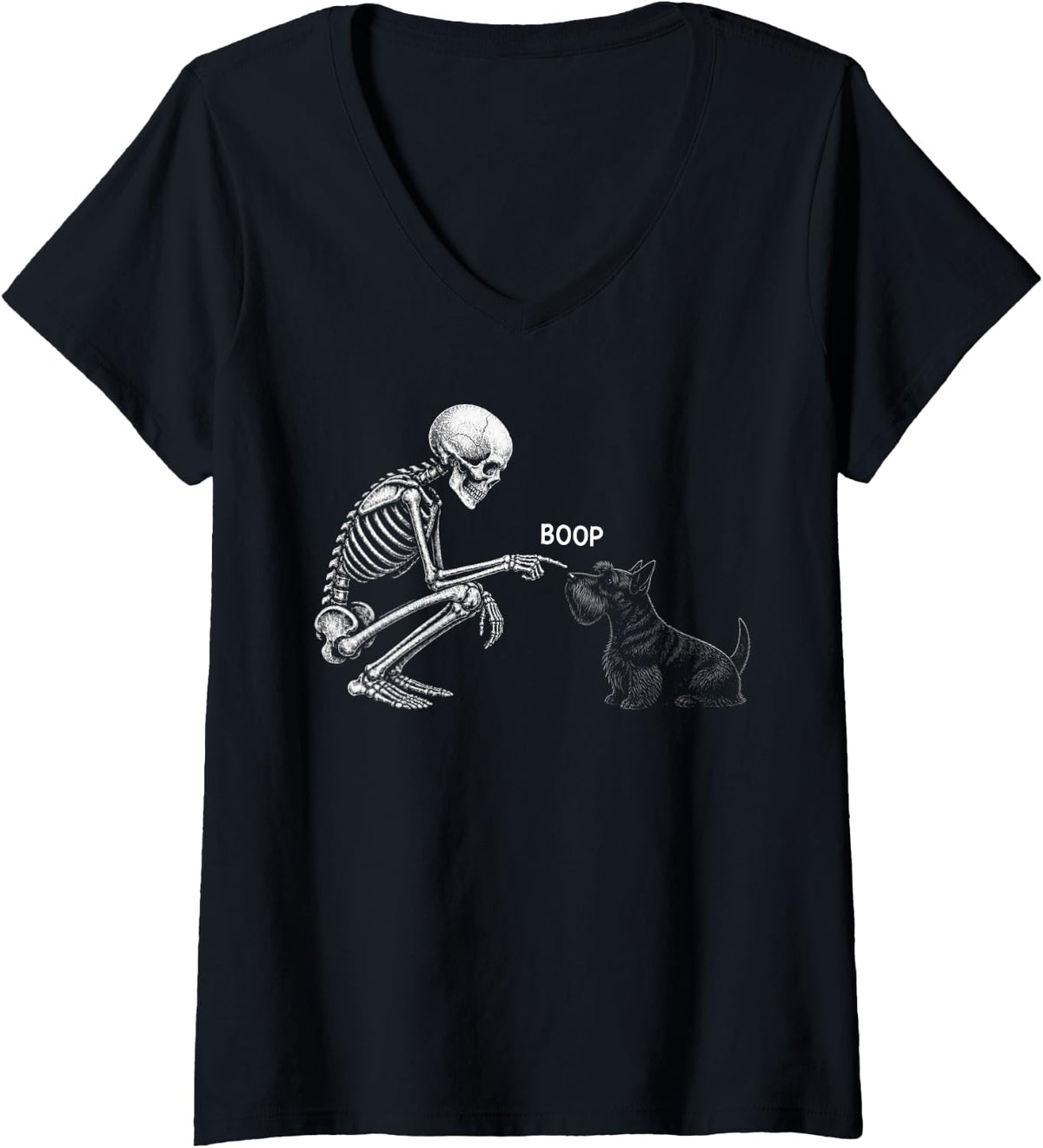 Women's Skeleton Boop Scottish Terrier Dog Nose Vintage Halloween V-Neck T-Shirt - Black