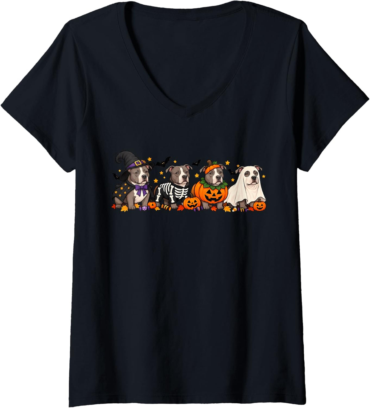 Women's Pitbull Ghost Pumpkin Dog Lovers Halloween Costume V-Neck T-Shirt - Black