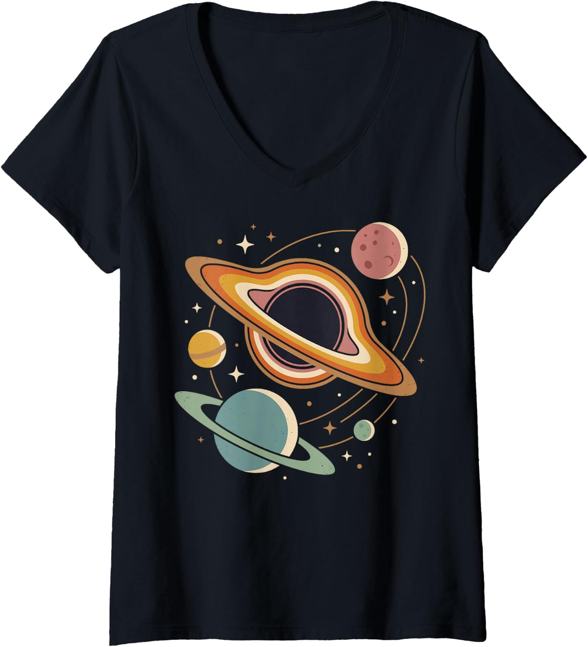 Women's Planet Space Black Hole Science Nerd V-Neck T-Shirt - Black