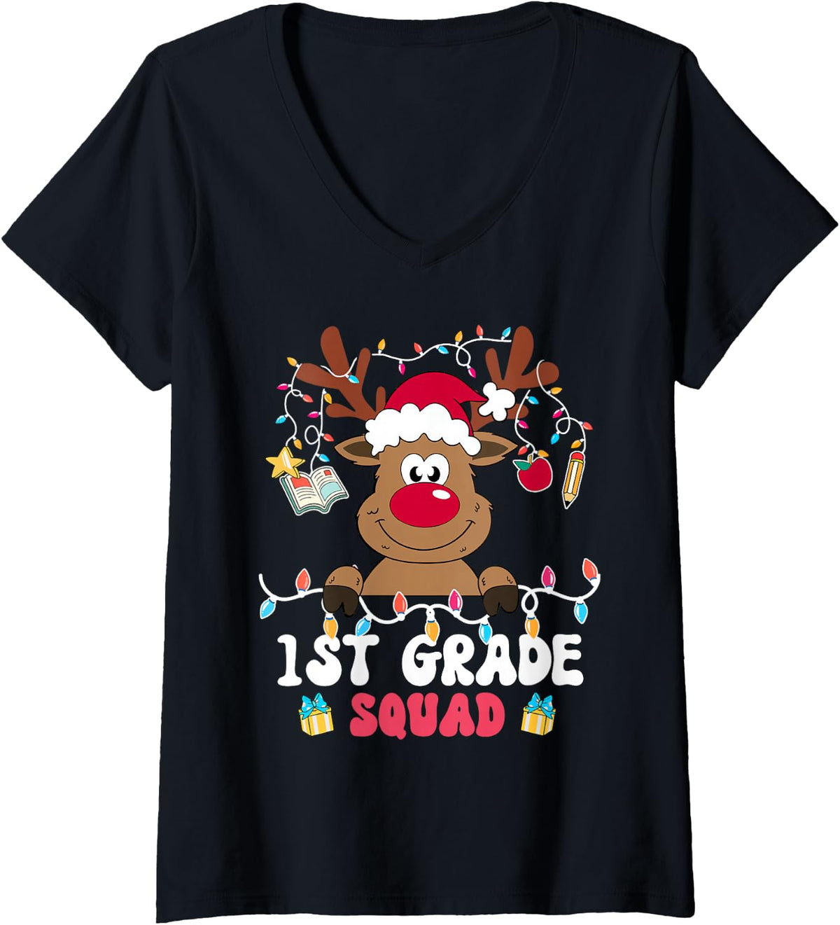 Women's 1st Grade Squad Reindeer Christmas First Grade Teacher Xmas V-Neck T-Shirt - Black