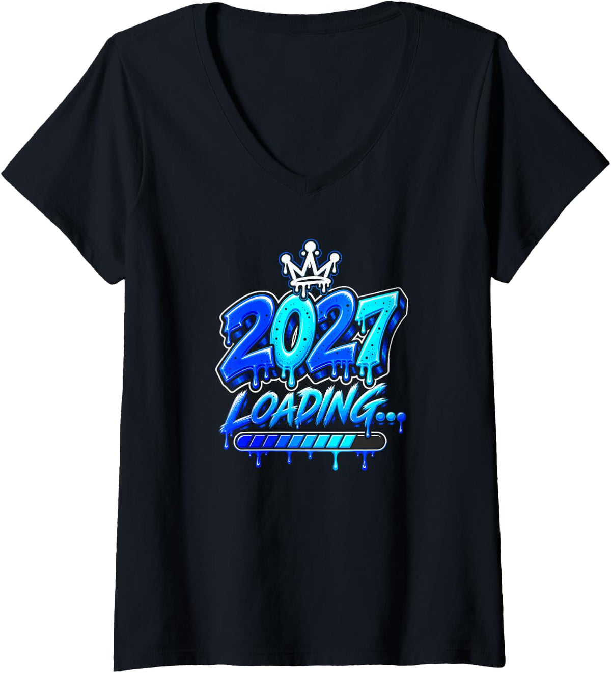 Women's 2027 Loading Colorful Graffiti New Year Design V-Neck T-Shirt - Black