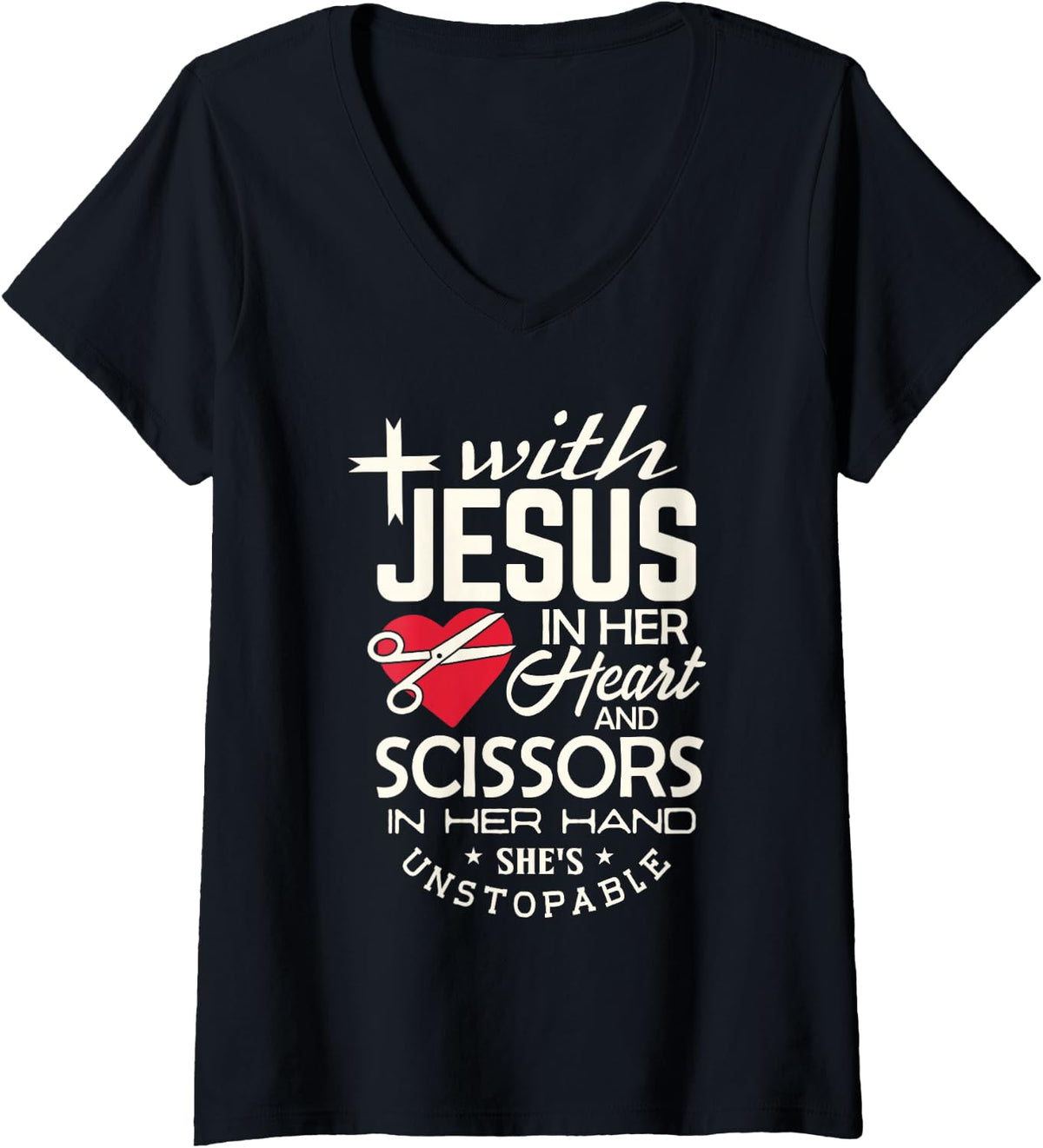 Women's Hairdresser Shirt Jesus in her Heart Hairstylist Christian V-Neck T-Shirt - Black